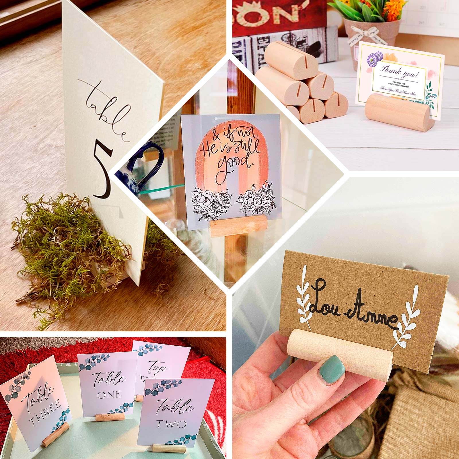 10-Pack Wooden Place Card Holders Farmhouse Cylindrical Design Natural - Rustic Table Number Stands 2"