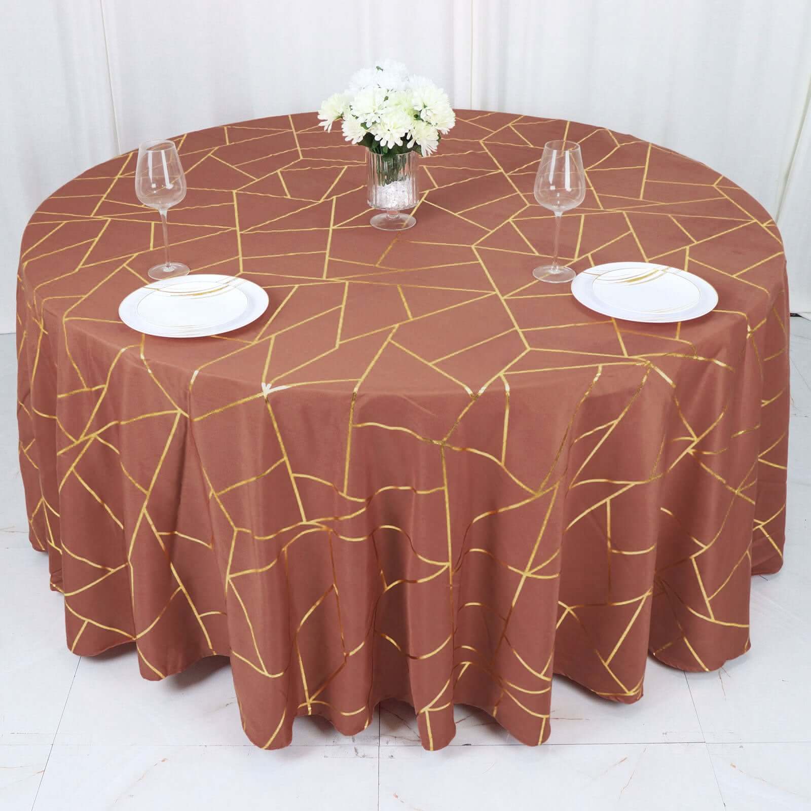 Polyester 120" Round Tablecloth Terracotta (Rust) with Gold Foil Geometric Pattern Wrinkle-Resistant Seamless Table Cover