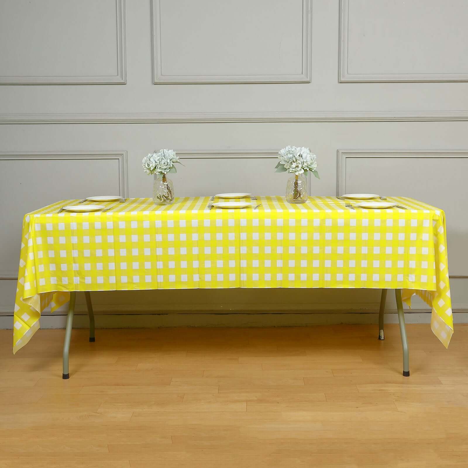 Plastic Table Cover White/Yellow Checkered Rectangle - Lightweight PVC Disposable Tablecloth 54"x108"