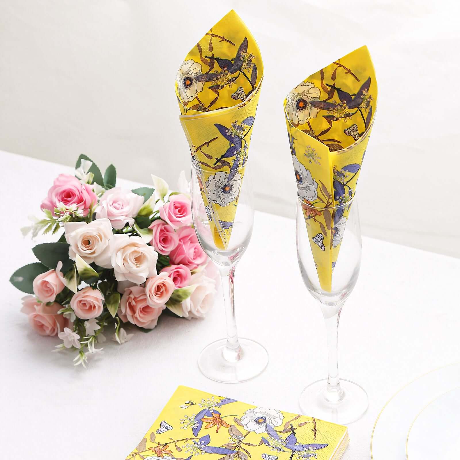20-Pack Paper Beverage Napkins with Blooming Flowers Design Yellow - 2 Ply Soft 18GSM Floral Wedding Napkins 6.5"x6.5"