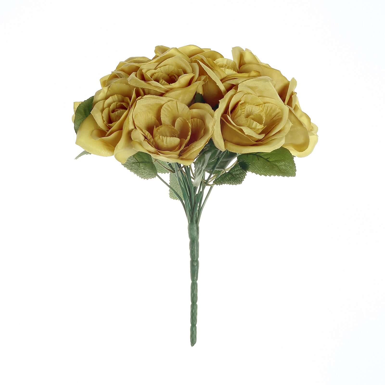 12" Gold Artificial Velvet-Like Fabric Rose Flower Bouquet Bush