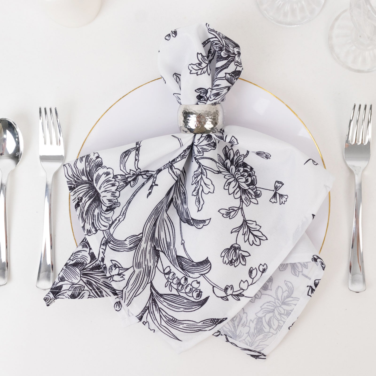 5 Pack Polyester 20"x20" Dinner Napkins White with Black French Toile Pattern - Reusable Floral Cloth Napkins