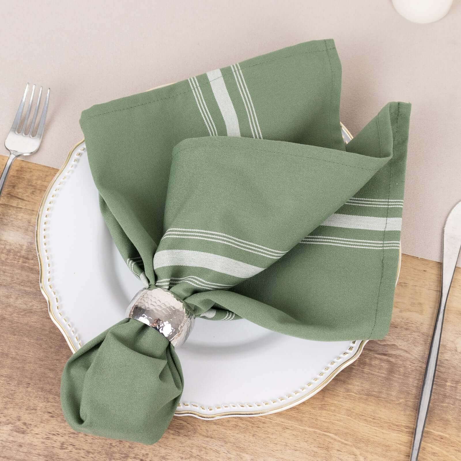 10 Pack Premium Spun Polyester 18"x22" Napkins Dusty Sage Green/White Bistro Style - Highly Absorbent Cotton-Like Feel Cloth Napkins