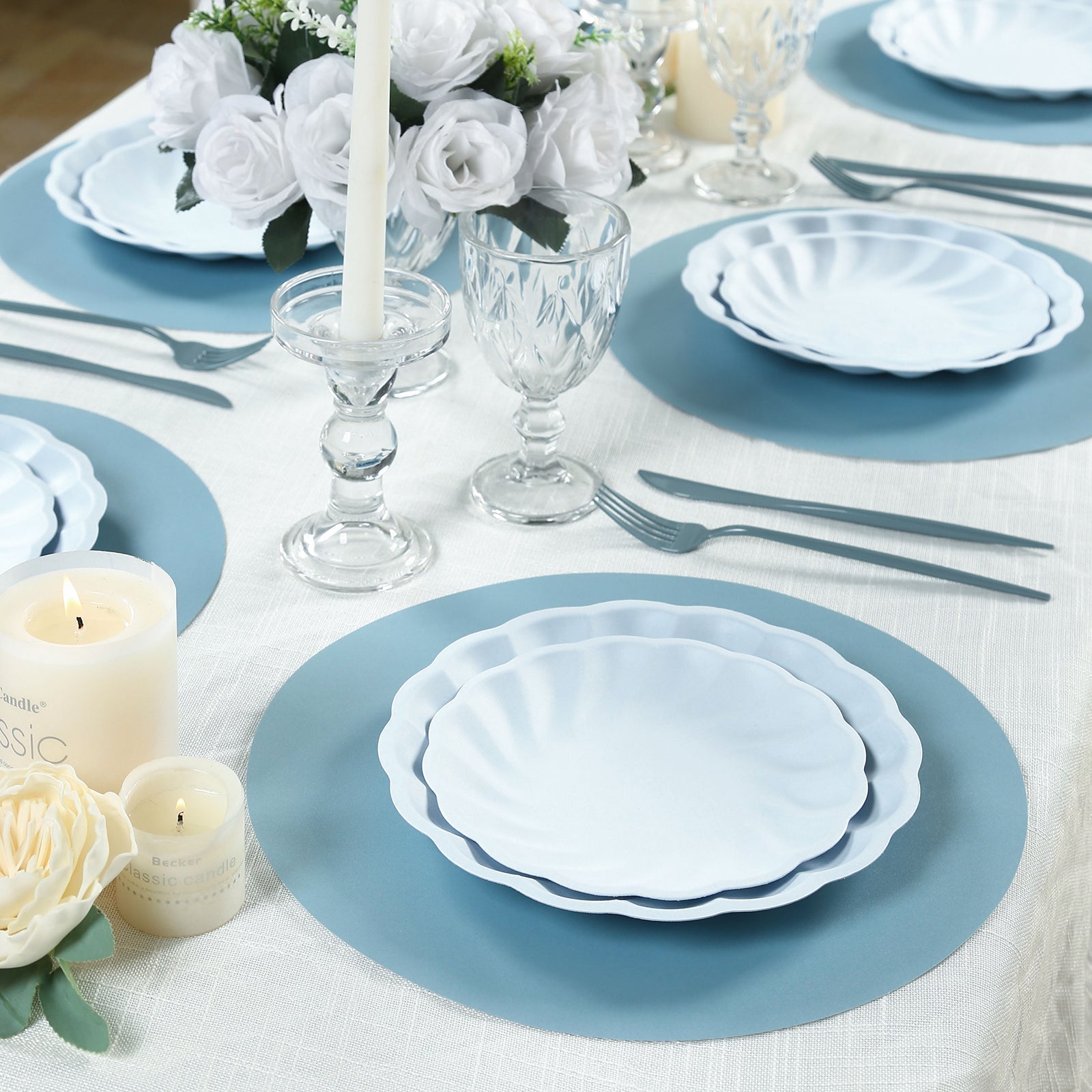 50 Pack 13" Round Disposable Paper Placemats – Dusty Blue Cardboard Dining Table Mats, 120 GSM