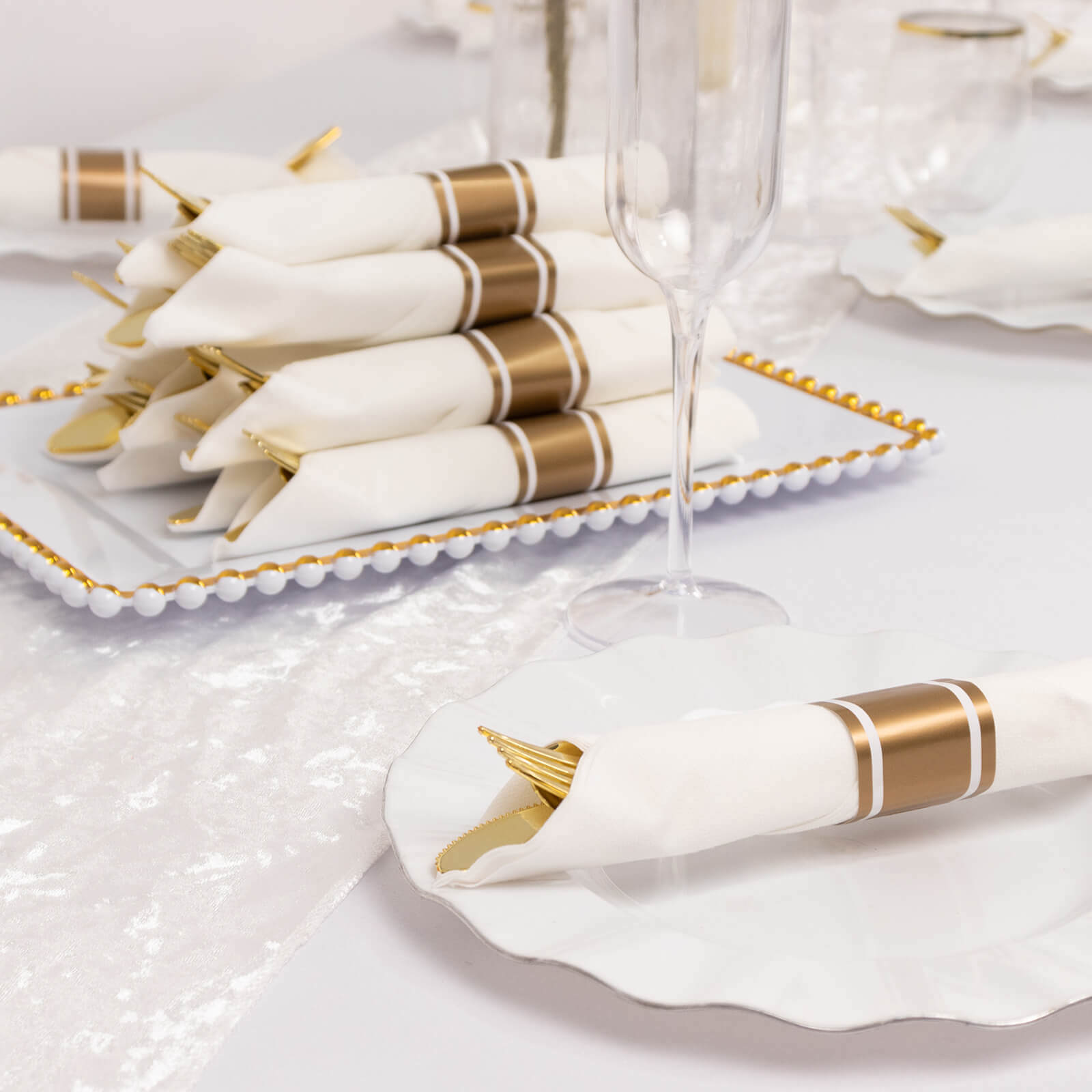 Set of 24 Gold Plastic Silverware with Pre-Rolled White Paper Napkins - Disposable Wrapped Fork, Spoon, and Knife Set