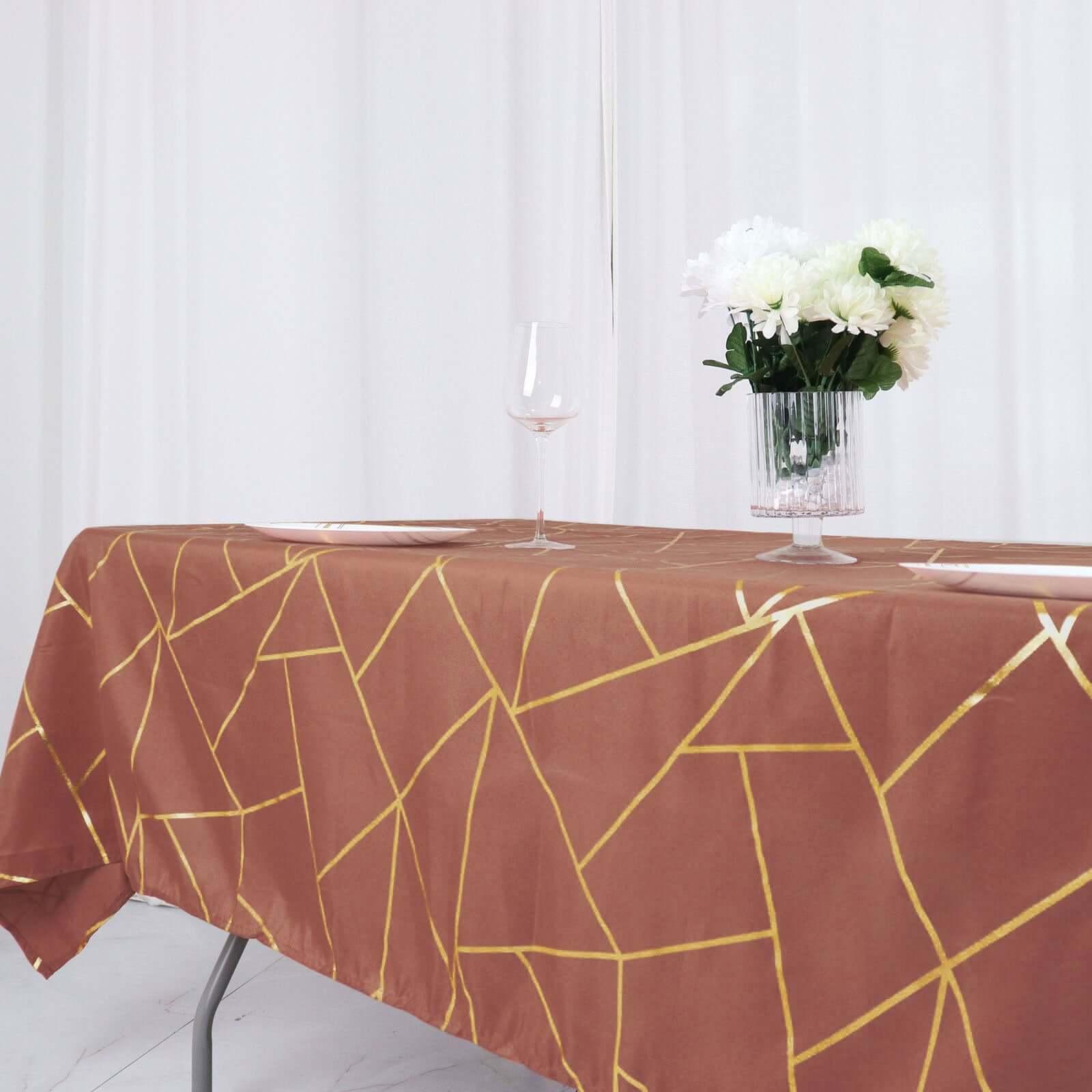 Polyester 60"x102" Rectangle Tablecloth Terracotta (Rust) with Gold Foil Geometric Pattern - Wrinkle-Resistant & Durable Table Cover