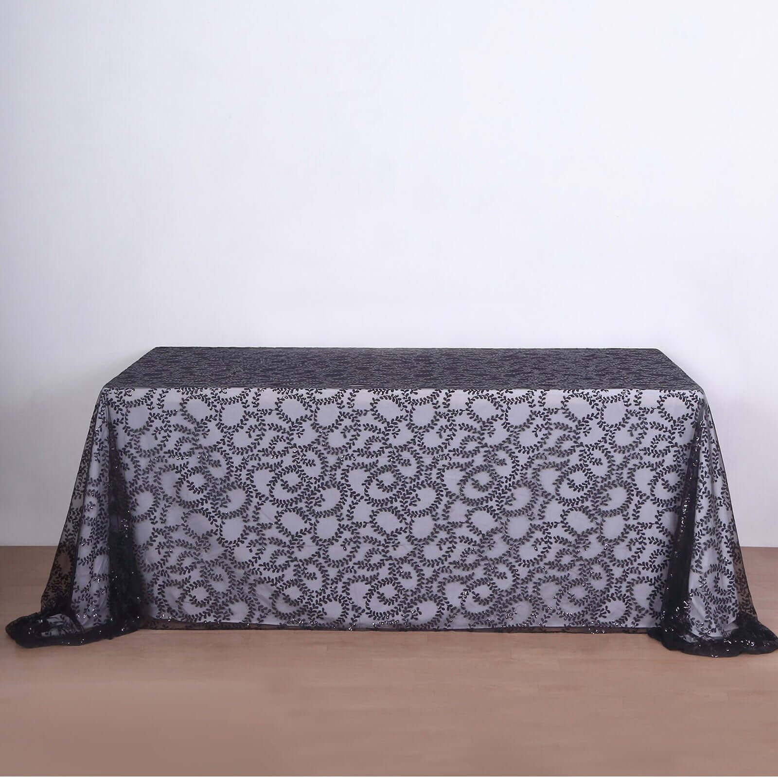 Tulle 90"x156" Rectangle Tablecloth Black - Sequin Leaf Embroidered Table Cover