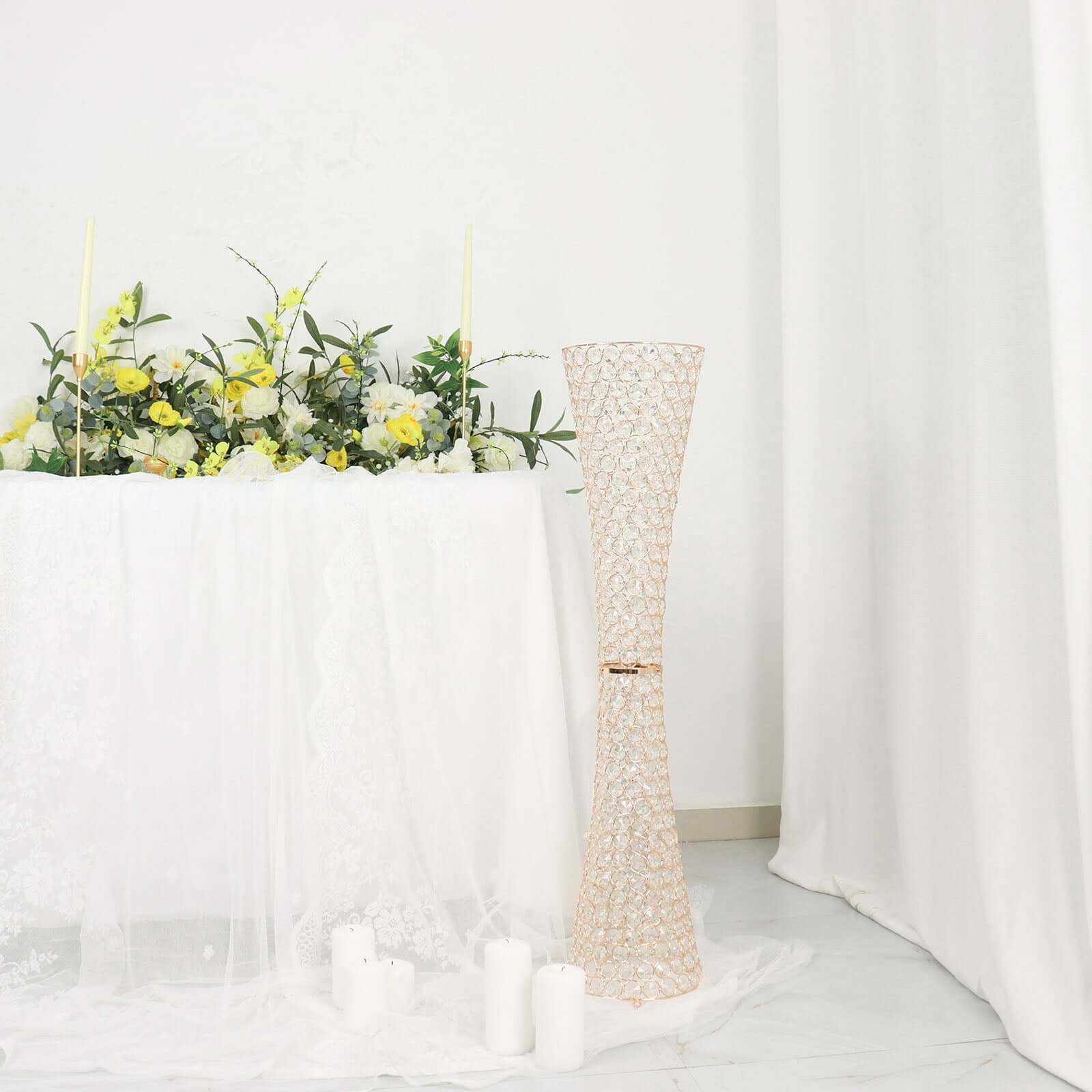 Metal Hurricane Floral Vase Centerpiece Metallic Gold with Crystal Beaded Design - Decorative Table Piece 36"