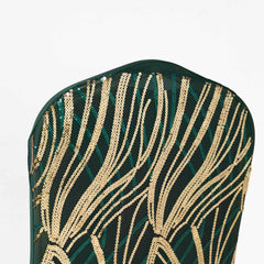 Spandex Chair Cover with Wave Embroidered Sequins for Banquet Chairs Hunter Emerald Green/Gold - Glittering Stretch Fitted Slipcover