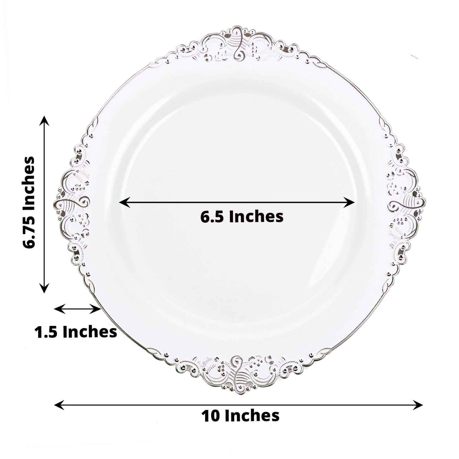 10-Pack Plastic 10" Round Dinner Plates in White with Silver Leaf Embossed Rim - Disposable Vintage Baroque Style Plates