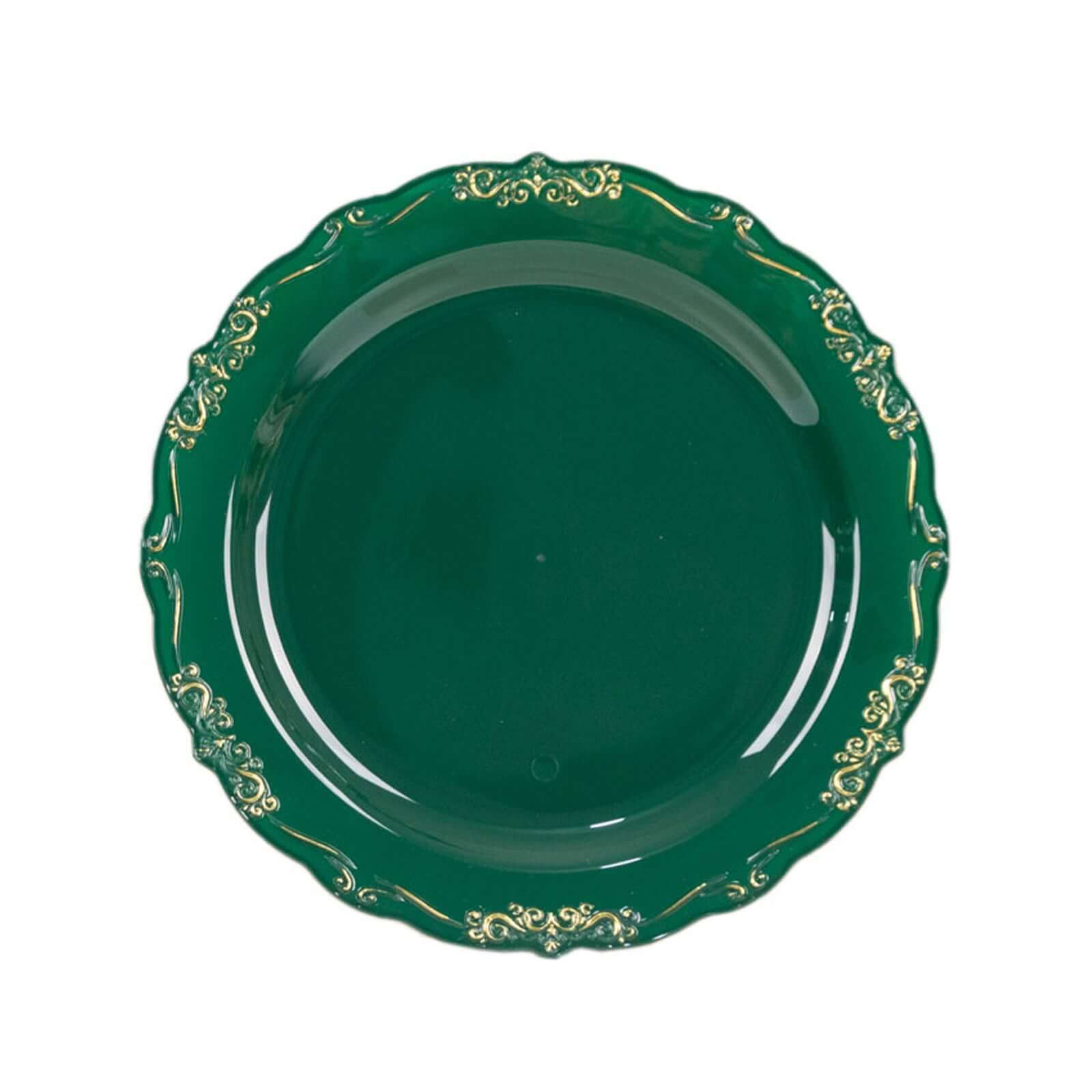 10-Pack Plastic 7" Round Dessert Plates in Hunter Emerald Green with Gold Vintage Embossed Rim - Sturdy Disposable Scalloped Edge Salad Plates