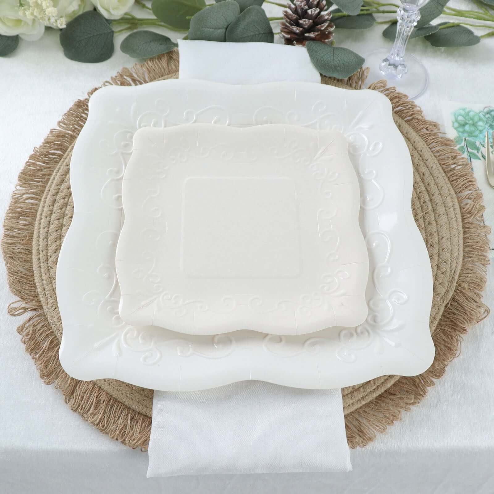 25-Pack Paper 11" Square Dinner Plates in White with Vintage Pottery Embossed Design - Shiny Disposable Serving Plates