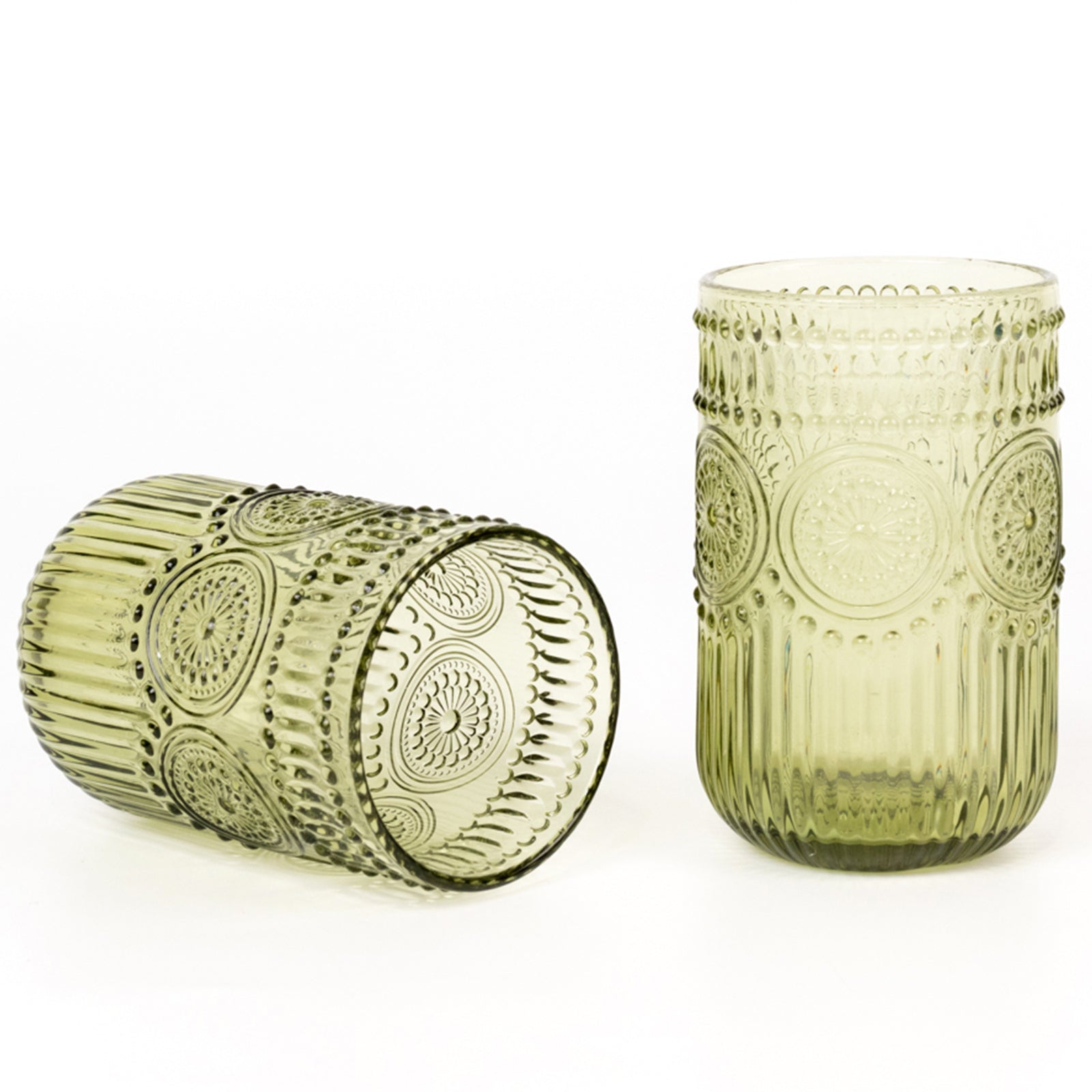 6-Pack Glass Tumblers Dusty Sage Green Vintage Embossed Design with Textured Floral Pattern - Highball Glasses for Drinks & Parties 14oz