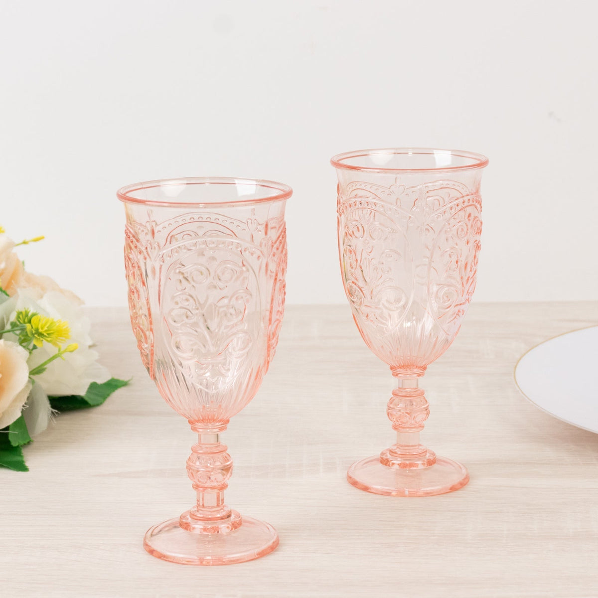 24-Pack Plastic Wine Glasses 10oz – Transparent Blush Vintage Goblets with Retro Embossed Design, Elegant Drinkware - 7" Tall