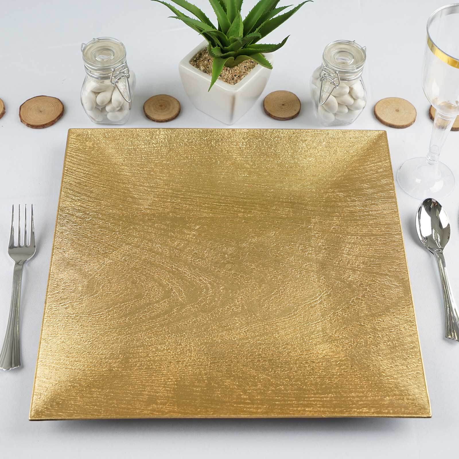 6-Pack Acrylic Square Charger Plates 12" in Gold with Embossed Wood Grain, Boho Chic Dinner Party Decor Charger Tableware