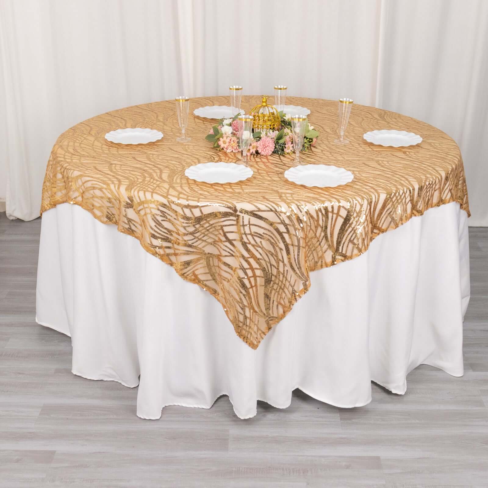 Mesh 72"x72" Table Overlay Square Tablecloth Gold Wave Design with Embroidered Sequins for Stylish Occasions