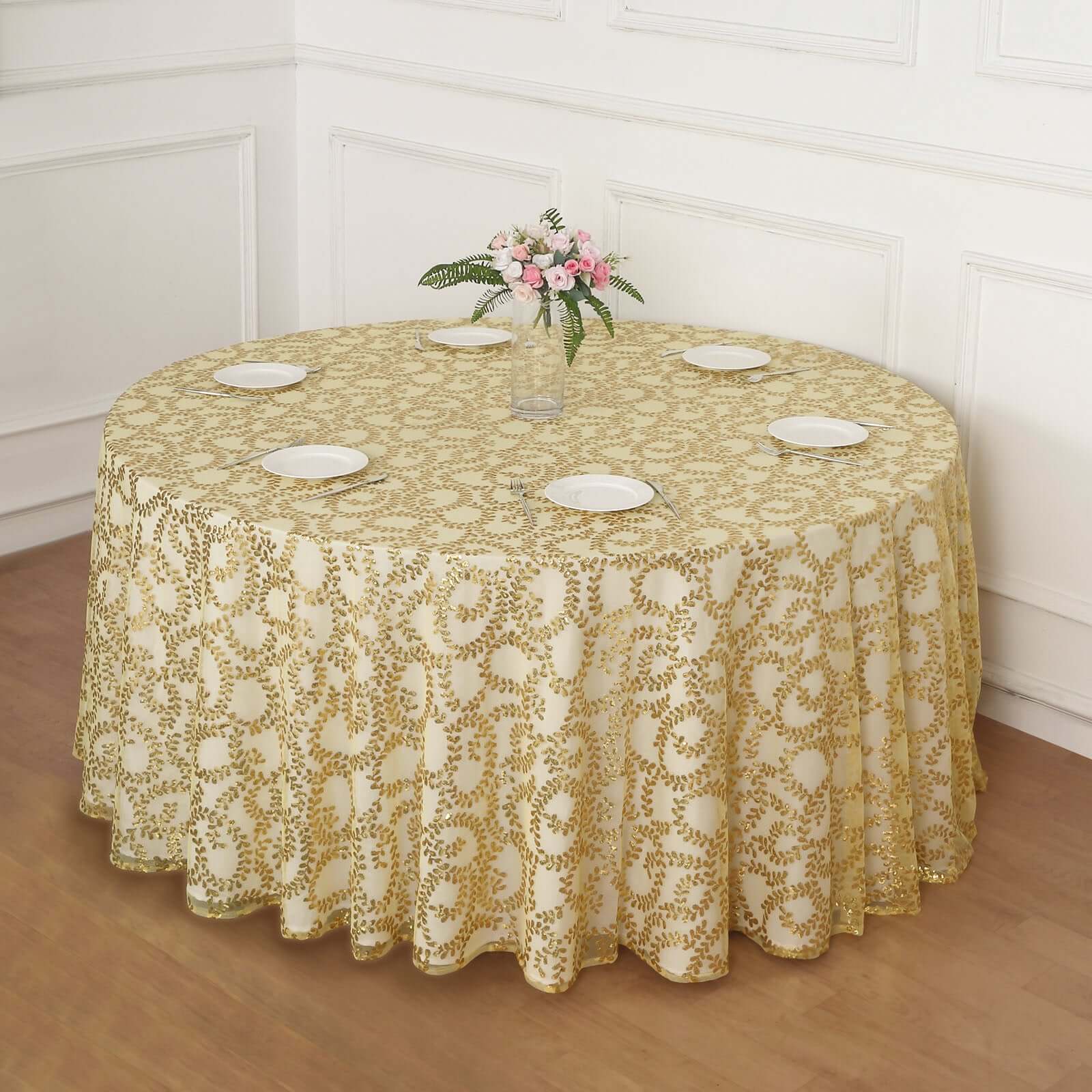 Tulle 120" Round Tablecloth Gold - Seamless Sequin Leaf Embroidered Design for Sophisticated Occasions