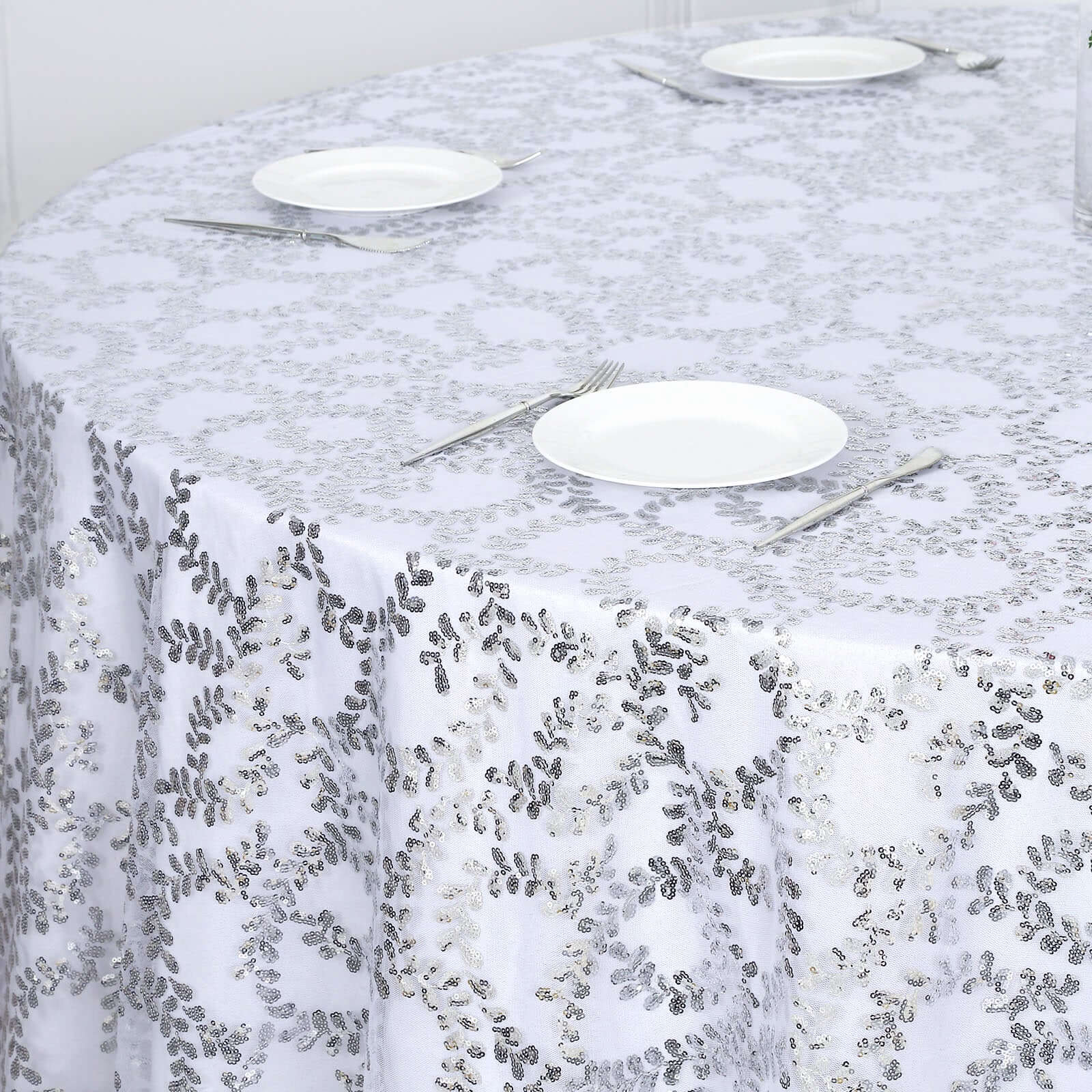 Tulle 120" Round Tablecloth Silver - Seamless Sequin Leaf Embroidered Table Cover