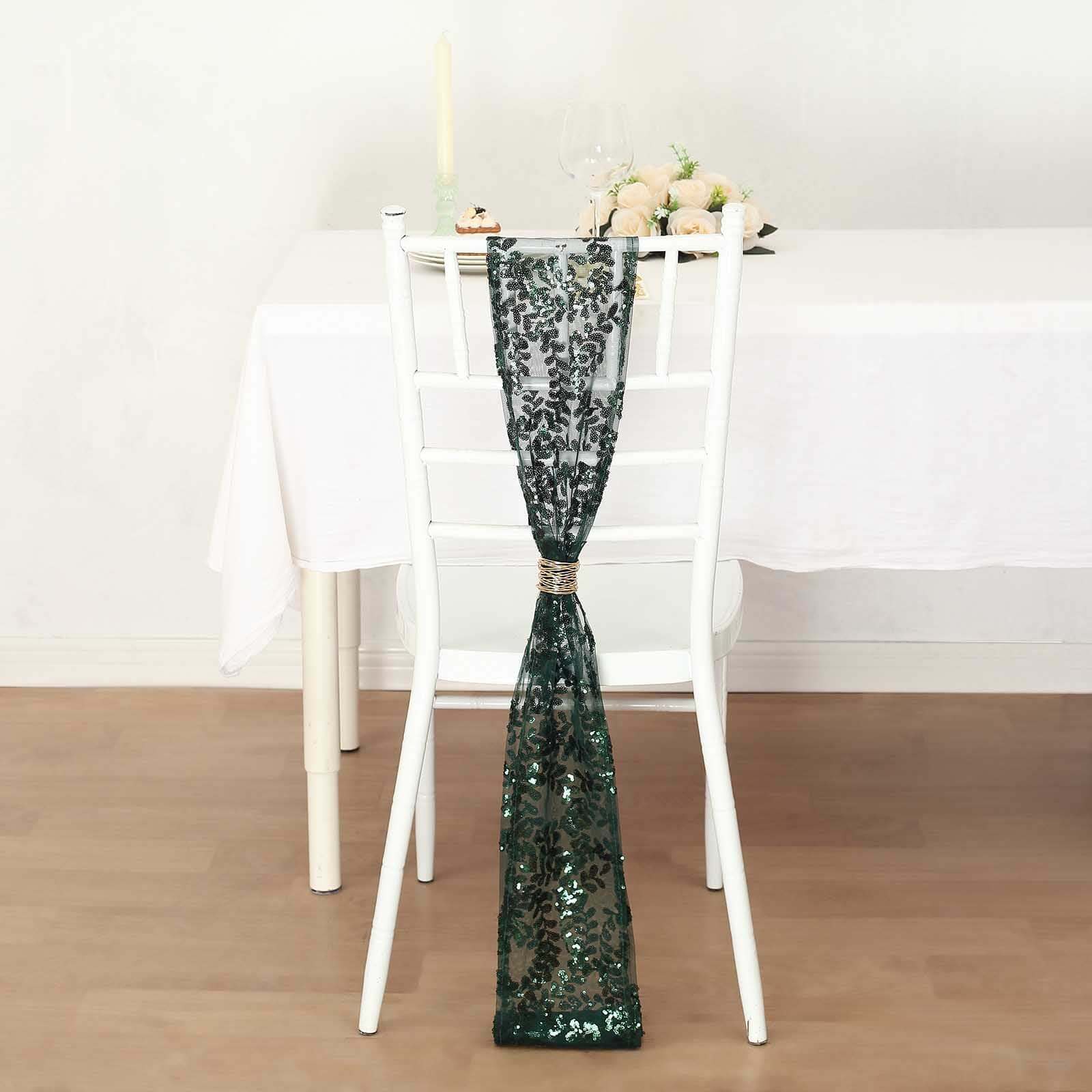 5 Pack Tulle Chair Sashes with Leaf Vine Embroidered Sequins Hunter Emerald Green 6"x88"