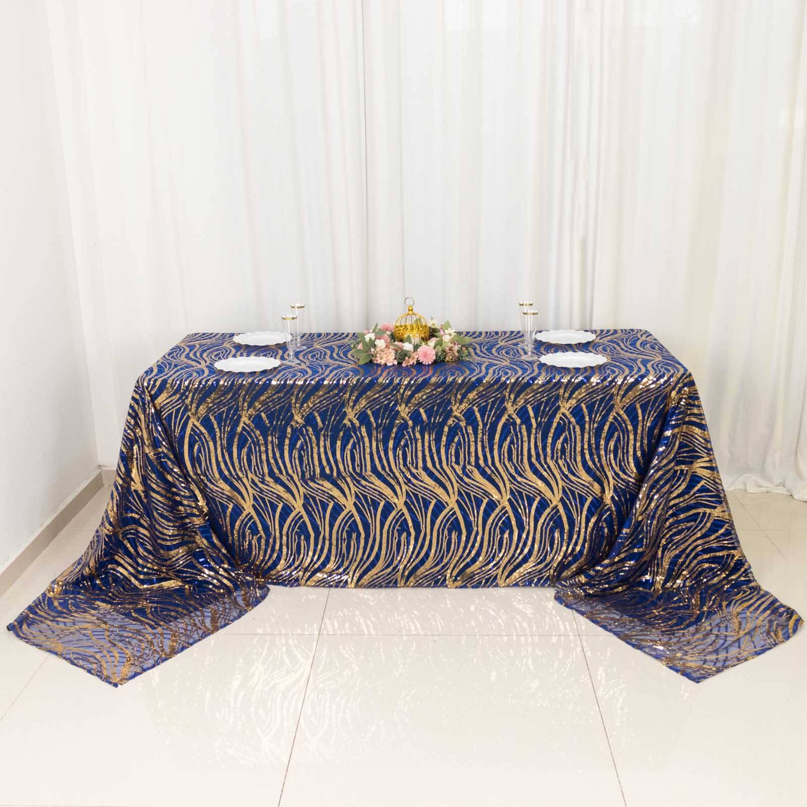 Mesh 90"x156" Rectangle Tablecloth Royal Blue/Gold - Wave Sequin Embroidered Table Cover