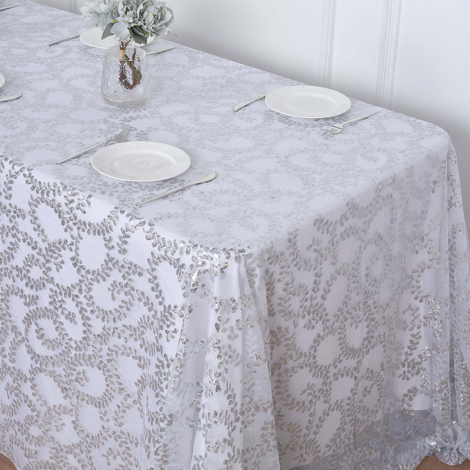 Tulle 90"x156" Rectangle Tablecloth Silver - Sequin Leaf Embroidered Table Cover