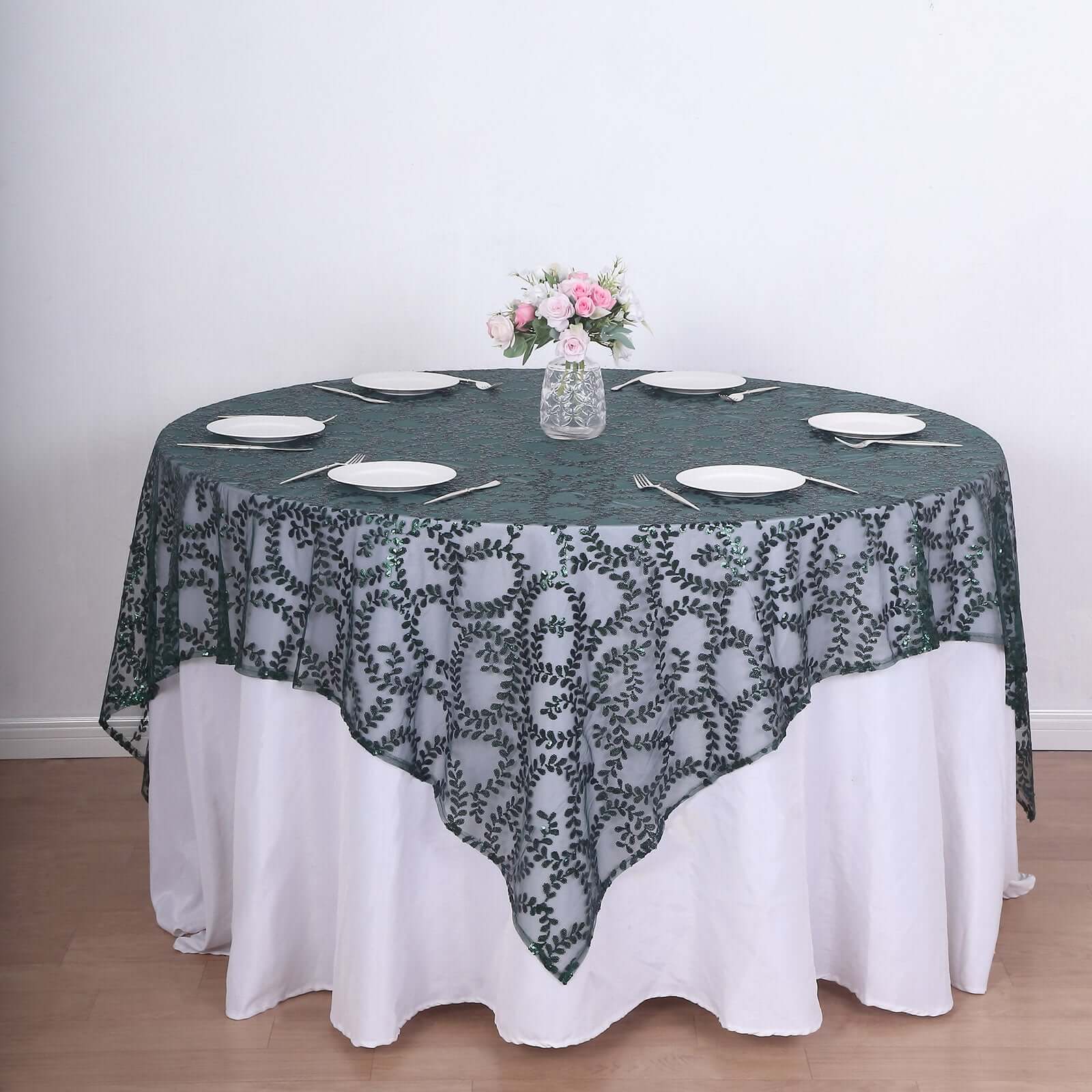 Tulle 72"x72" Table Overlay Square Tablecloth Hunter Emerald Green - Sequin Leaf Embroidered Table Topper