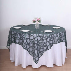 Tulle 72"x72" Table Overlay Square Tablecloth Hunter Emerald Green - Sequin Leaf Embroidered Table Topper