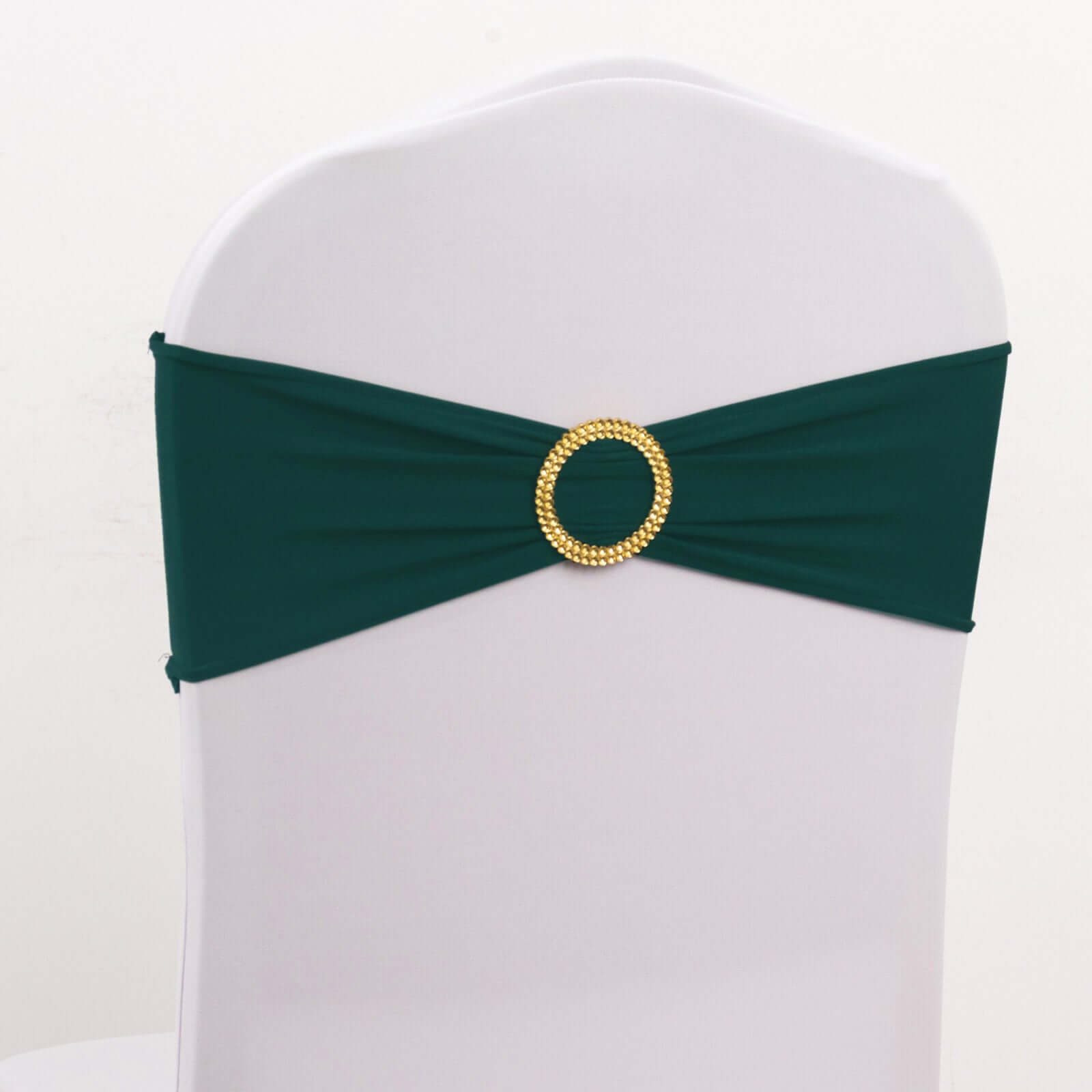 5 Pack Spandex Chair Sashes Hunter Emerald Green with Gold Rhinestone Buckles - Reusable Four-Way Stretch Sash Bands 5"x14"