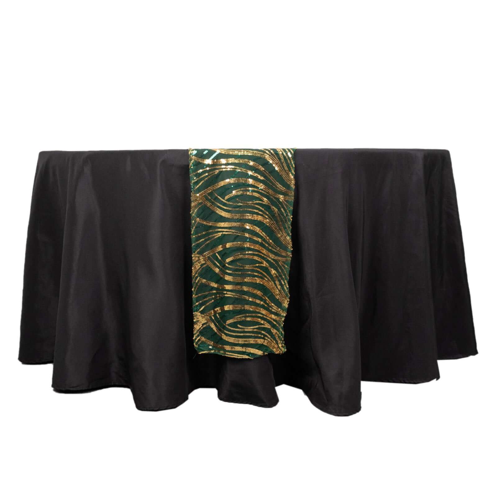 Sequin Mesh 12"x108" Table Runner Hunter Emerald Green/Gold Stylish Wave Embroidery