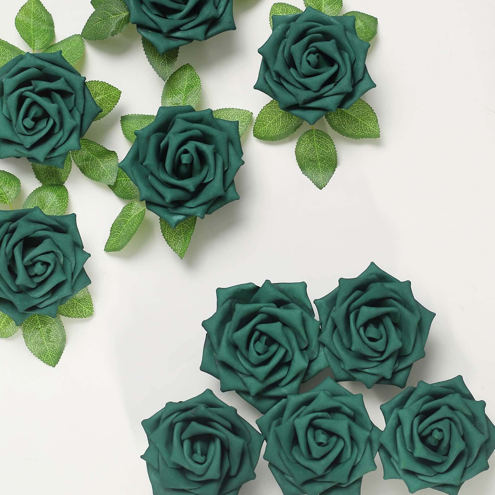24 Roses 5" Hunter Emerald Green Artificial Foam Flowers With Stem Wire and Leaves
