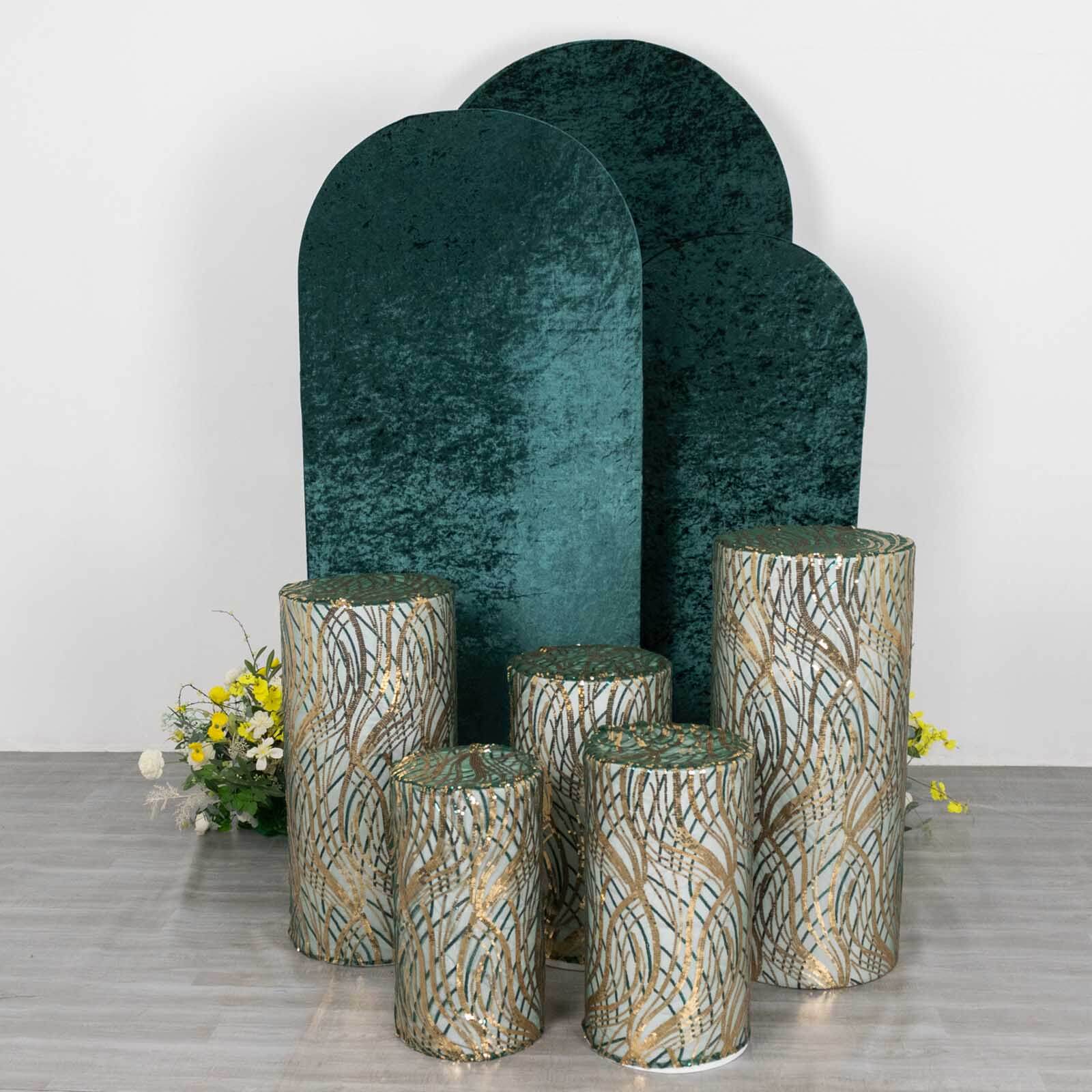 Set of 5 Hunter Green Wave Mesh Cylinder Pedestal Stand Covers with Embroidered Sequins, Emerald Pillar Prop Covers - 160 GSM