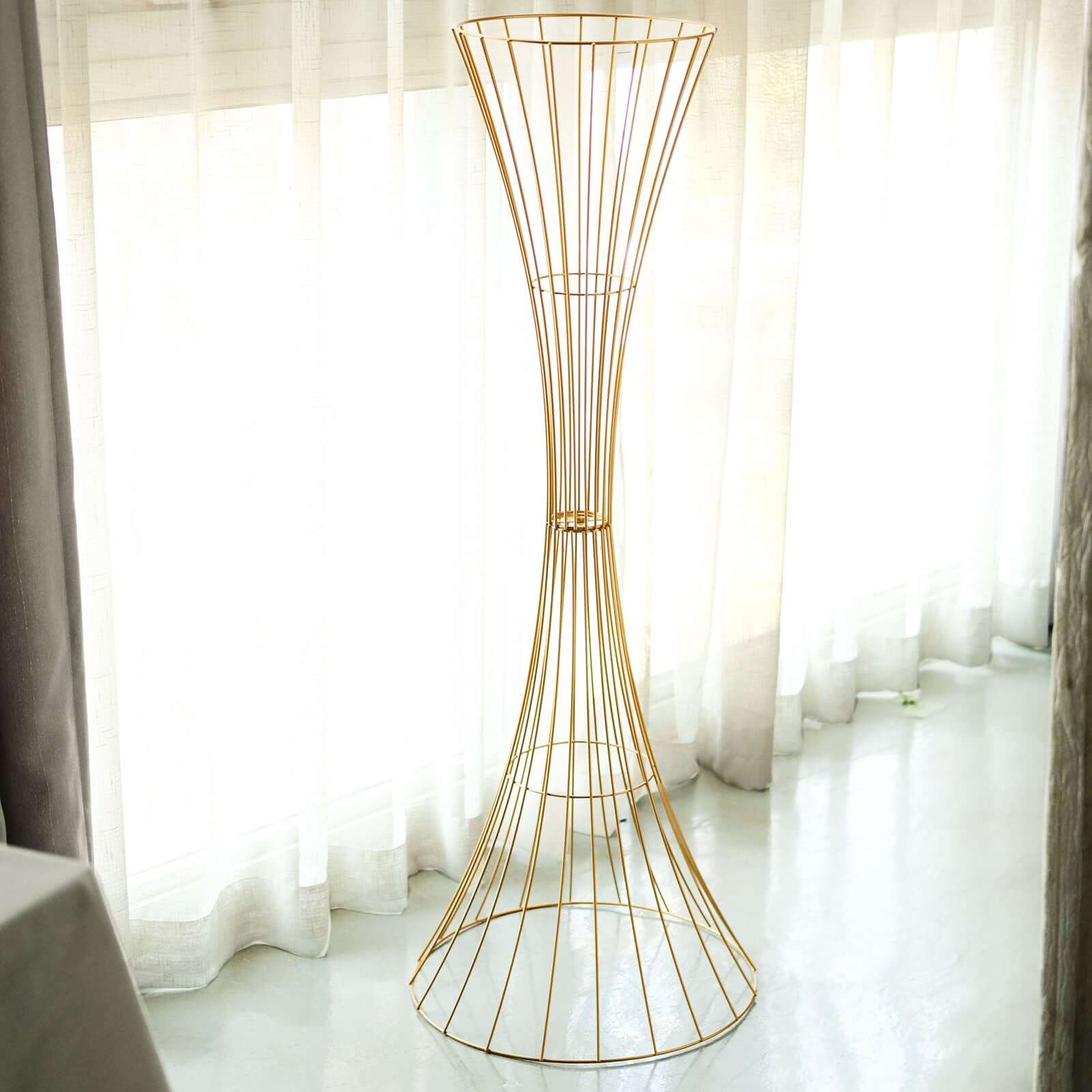 48" Tall Gold Metal Wire Hourglass Flower Frame Stand, Open Frame Reversible Trumpet Centerpiece Stand
