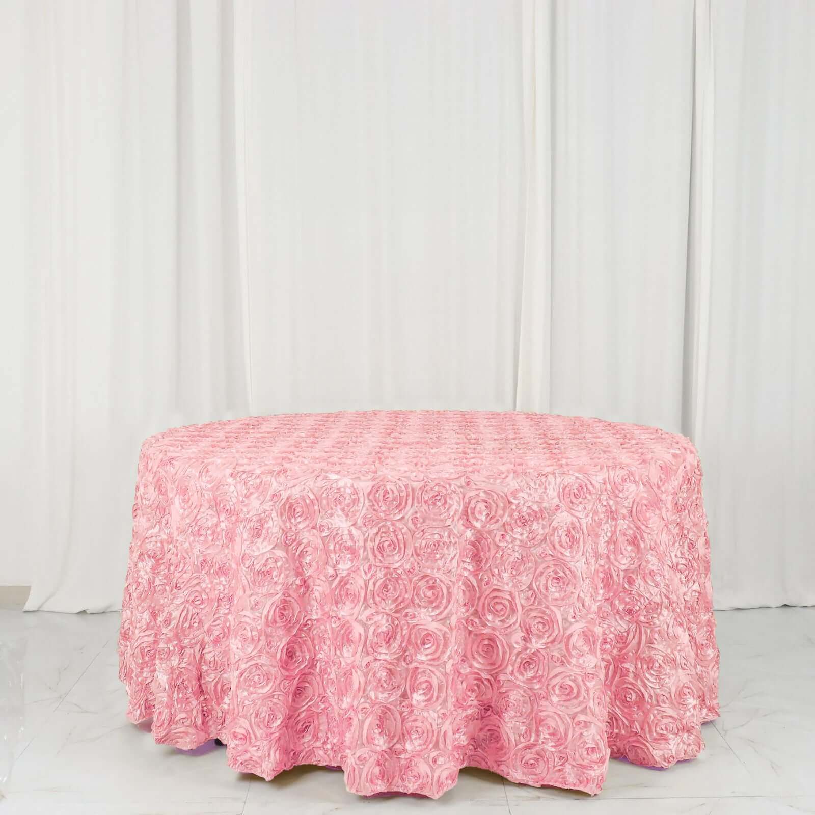 Satin 120" Round Tablecloth Pink - Grandiose 3D Rosette with Seamless Finish Table Cover