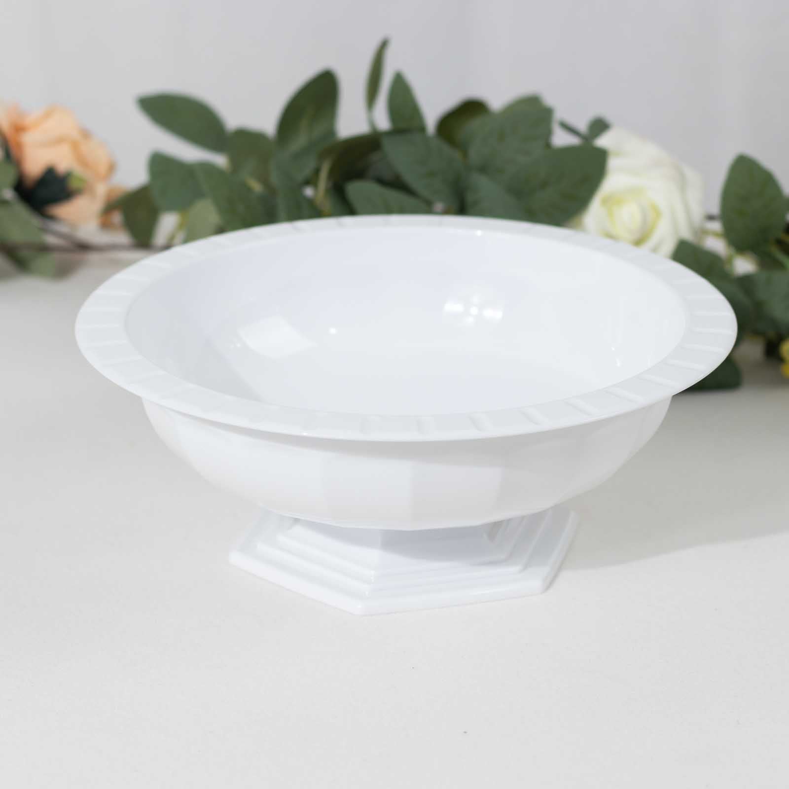 3-Pack Plastic Footed Compote Bowl Flower Vases Roman Style White - Round Decorative Pedestal Table Centerpieces 10"