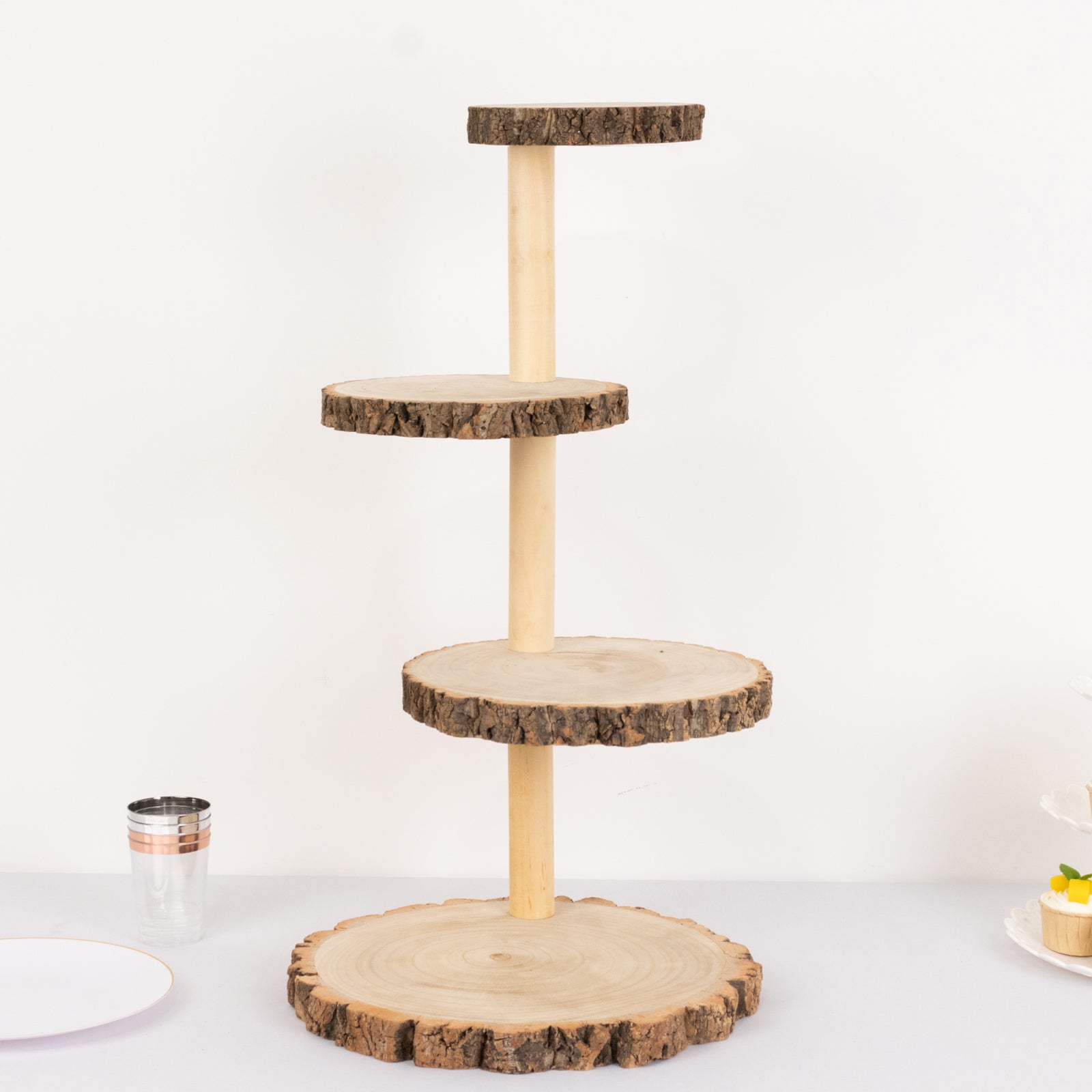 4-Tier Wooden Cupcake Tower Stand Rustic Natural Wood Slice Design - Farmhouse Style Dessert Display 29"