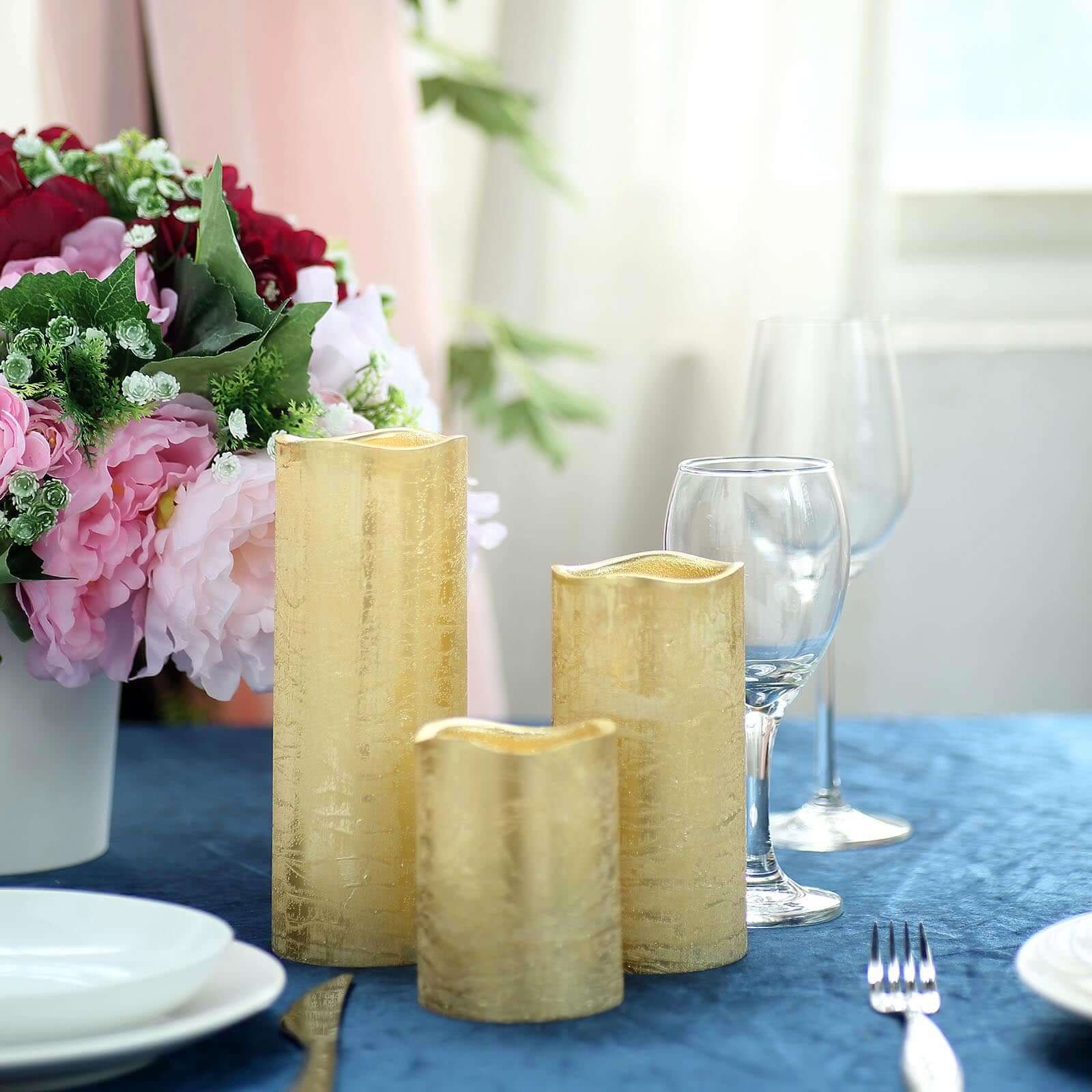 Set of 3 LED Flameless Pillar Candles Remote Operated Metallic Gold - Battery Powered 4", 6", 8"