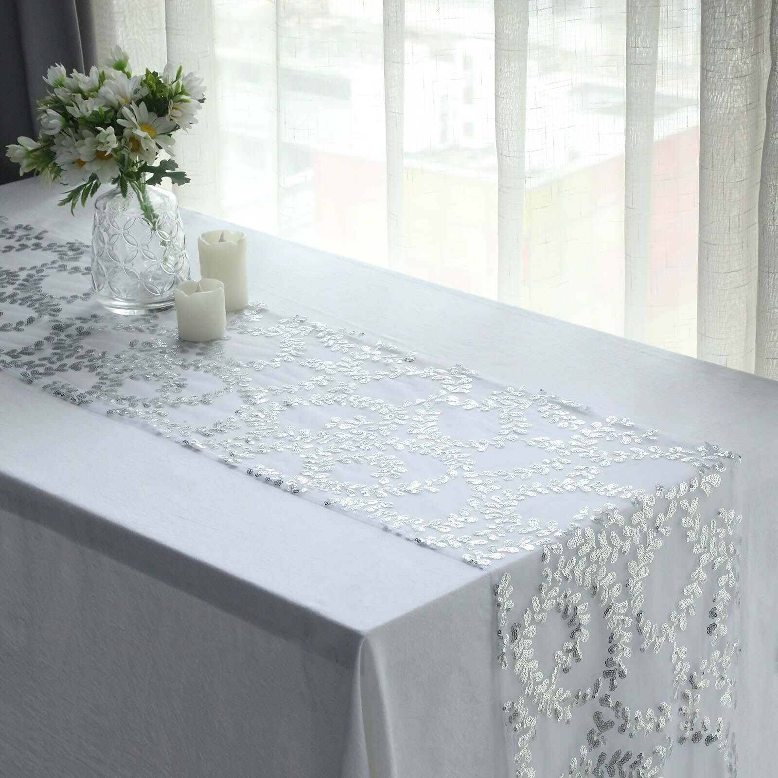 Mesh 12"x108" Table Runner Silver - Leaf Vine Embroidery