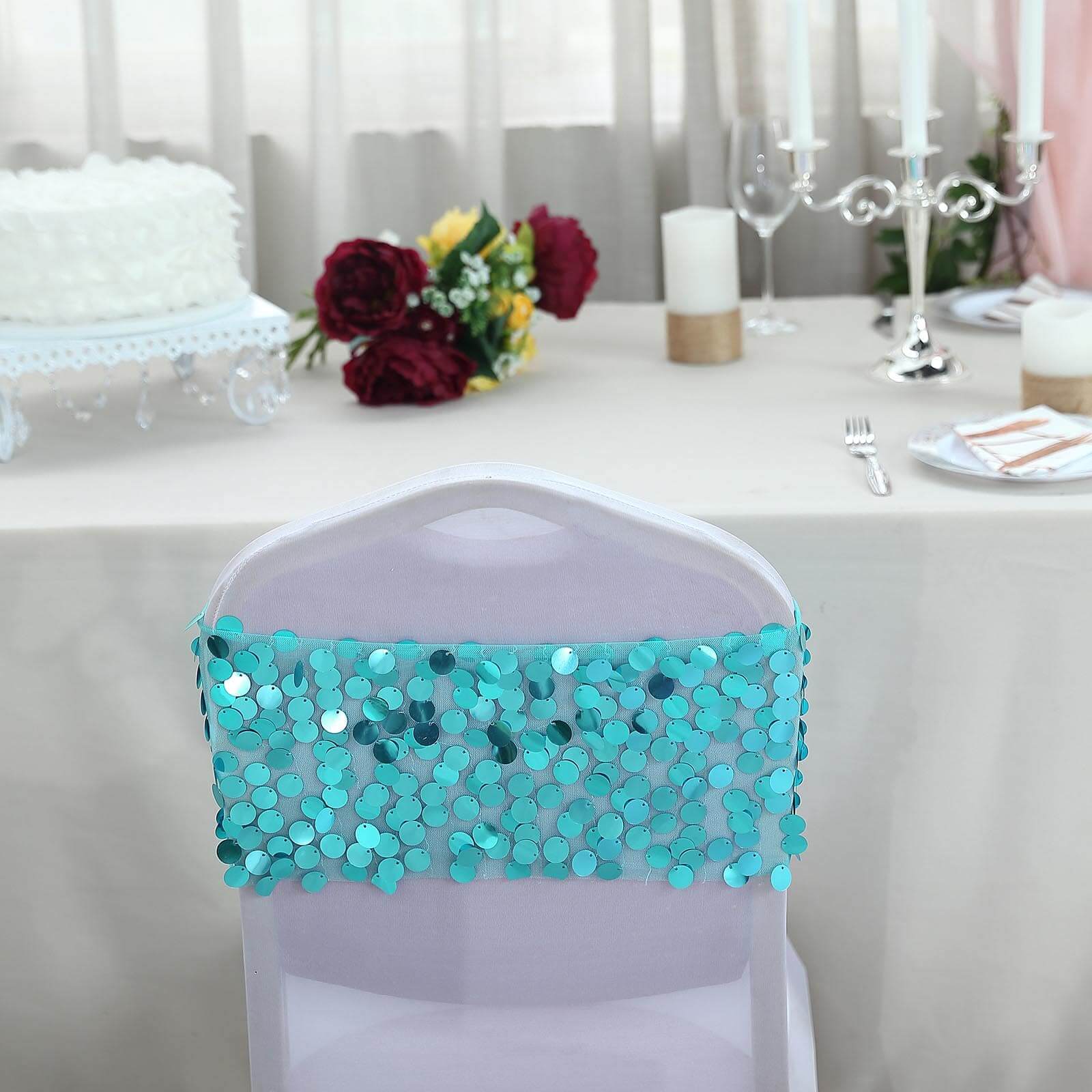 5 Pack Big Payette Sequin 13"x10" Chair Sash Bands Turquoise - Stylish Glittering Decor for Weddings & Gatherings