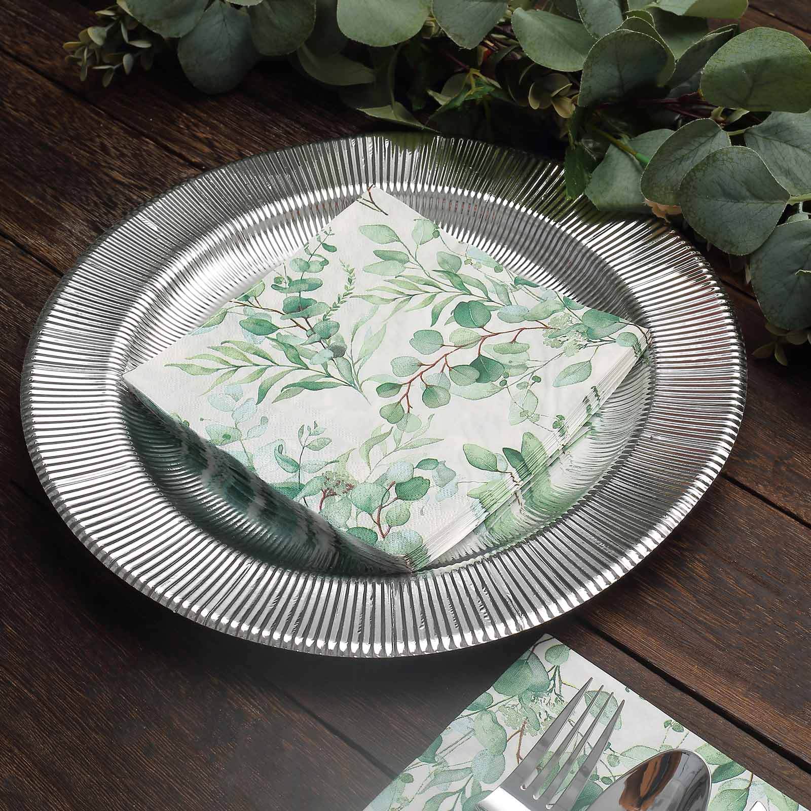 20-Pack Paper Beverage Napkins with Green Foliage Eucalyptus Leaves Design - 2 Ply Soft 18GSM Boho Wedding Napkins 6.5"x6.5"