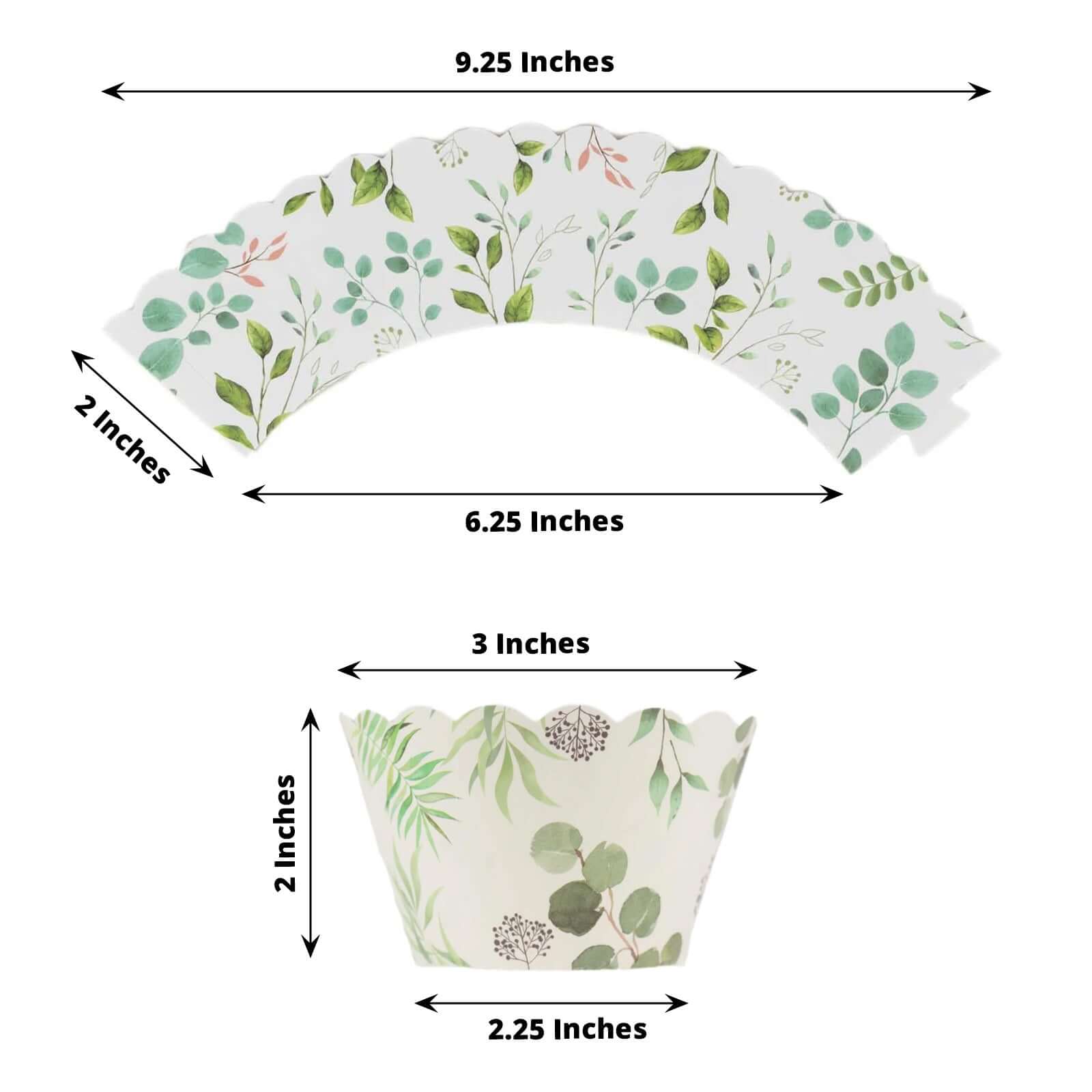 25-Pack Paper Cupcake Wrappers Eucalyptus Leaves Print White Green - Round Muffin Truffle Cup Liners 3"