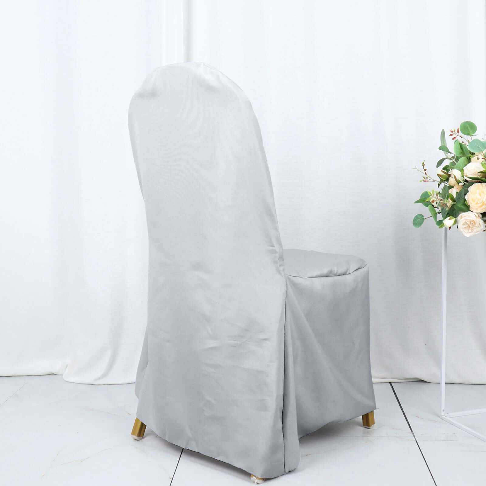 Polyester Slip On Banquet Chair Covers Silver - Stain-Resistant Reusable Durable Fabric