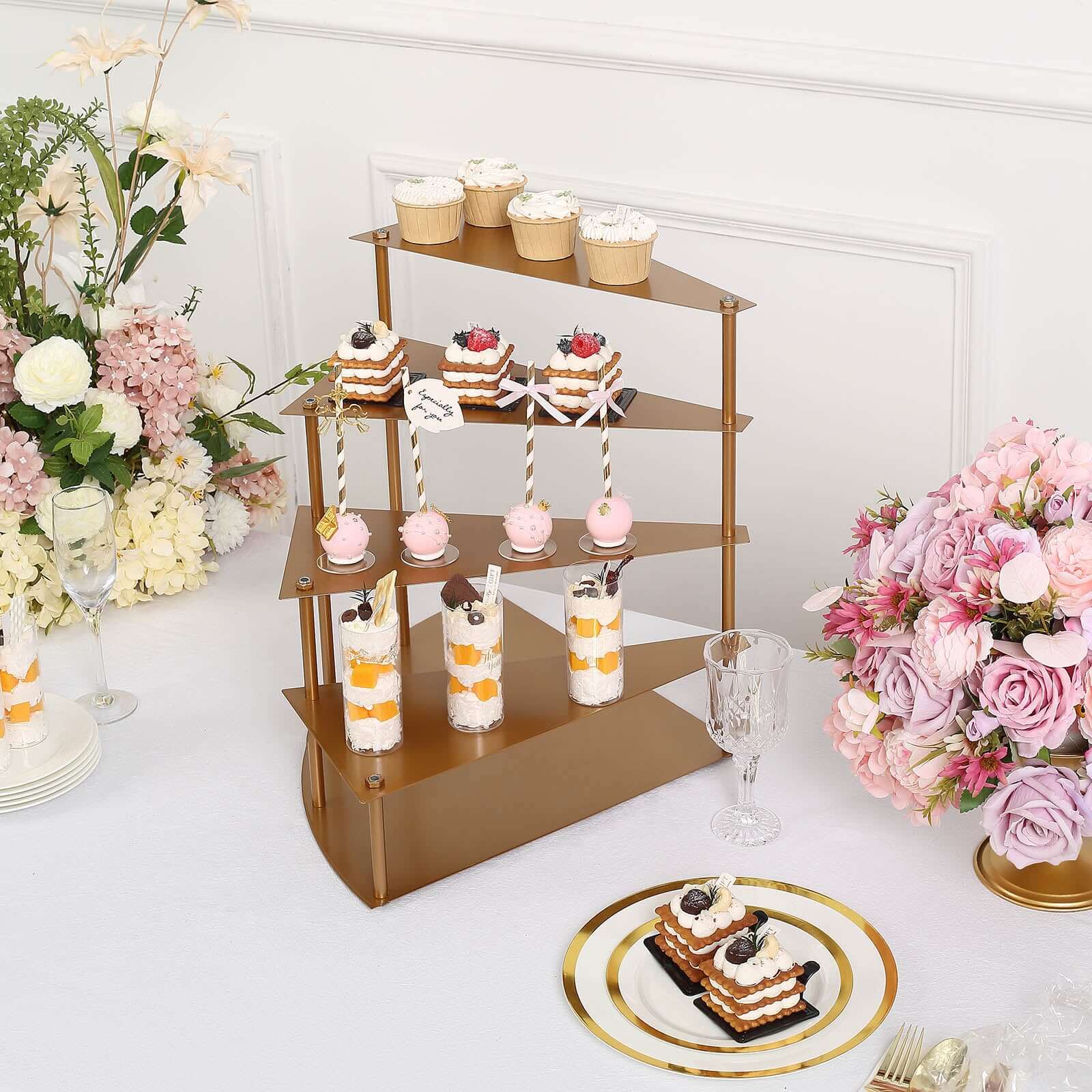 4-Tier Metal Spiral Stairway Cupcake Display Stand Gold - Dessert Cake Step Pedestal Tray 17"