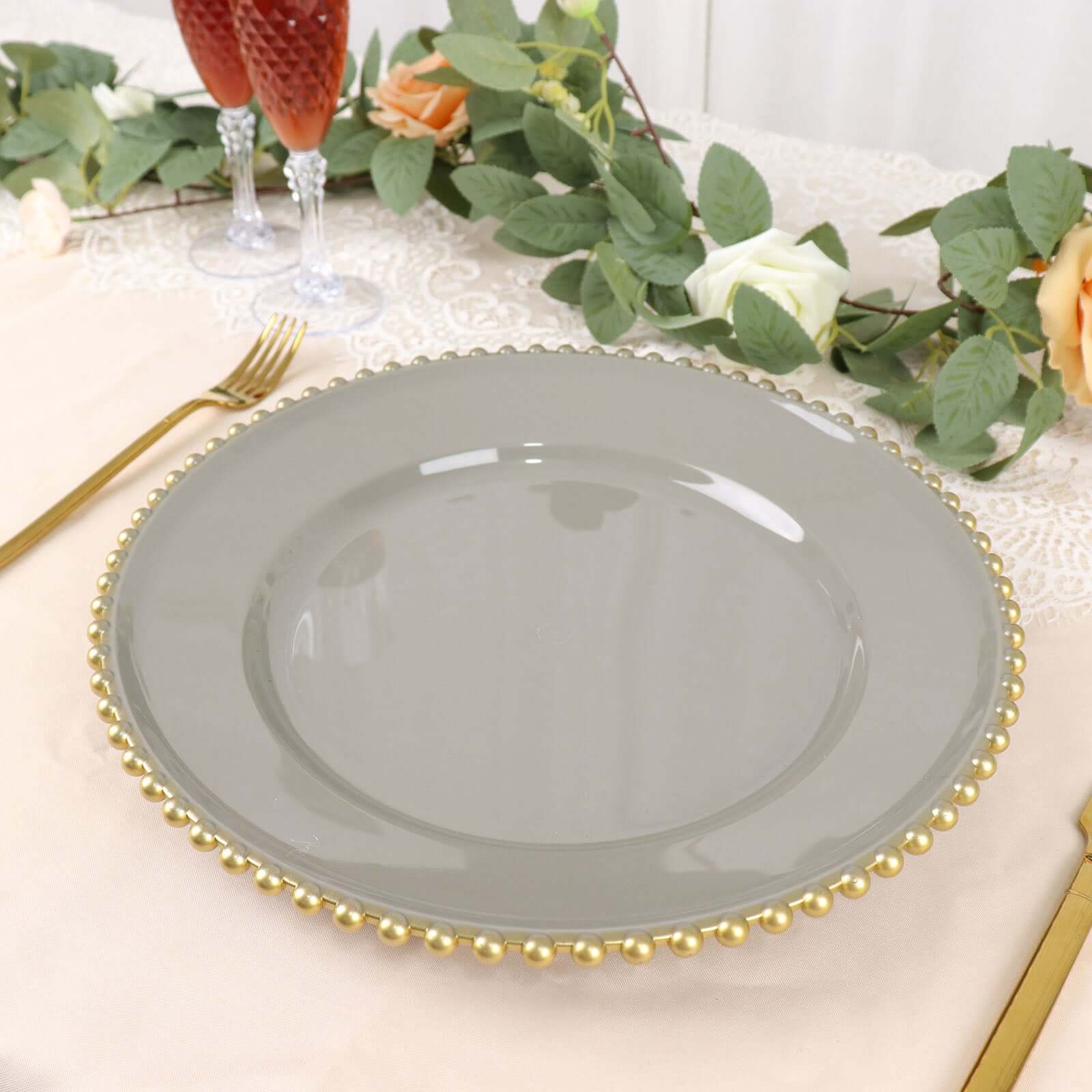 6-Pack Acrylic Round Charger Plates 13" in Charcoal Gray with Gold Beaded Rim, Decorative Dinner Party Charger Tableware