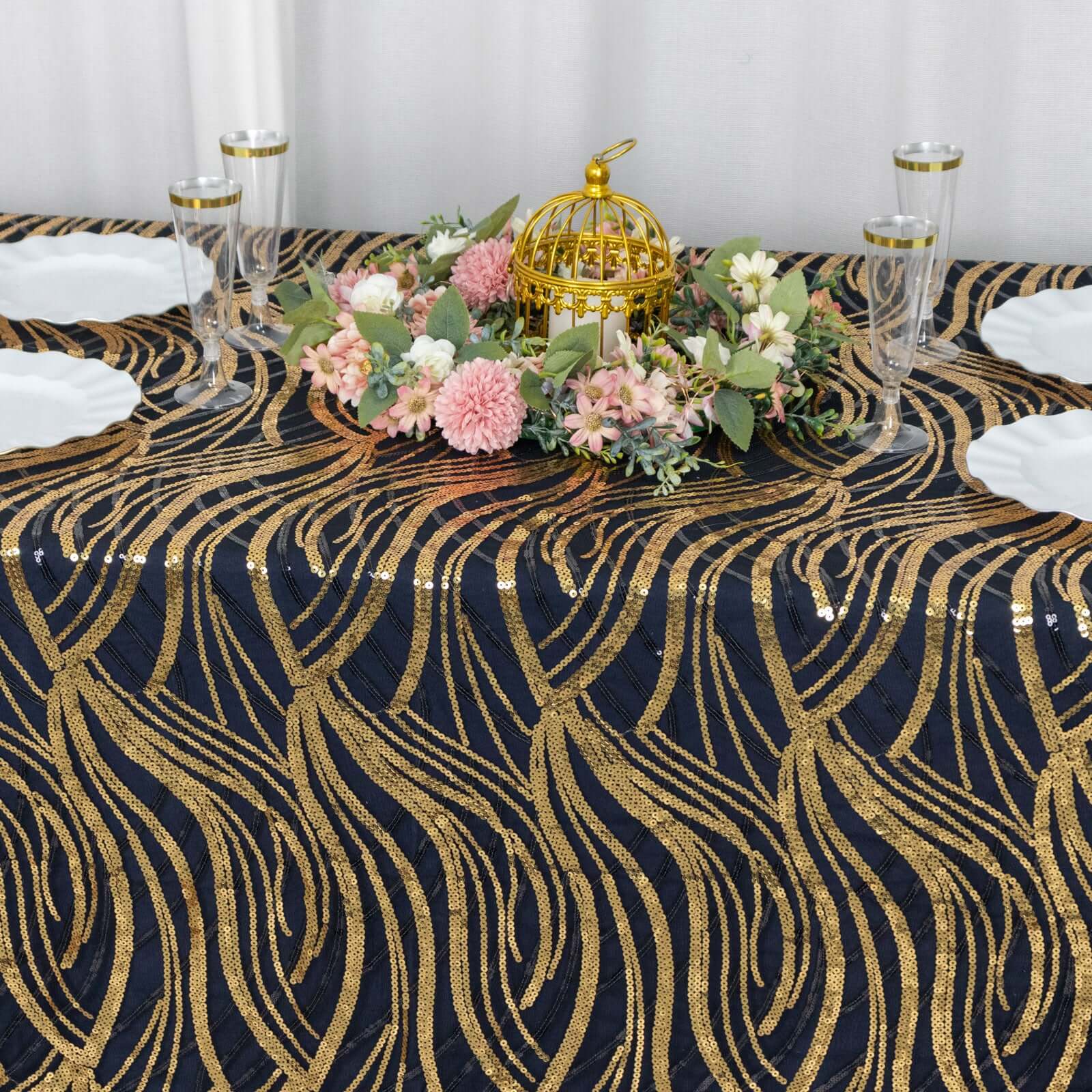 Mesh 90"x156" Rectangle Tablecloth Black/Gold - Wave Sequin Embroidered Table Cover