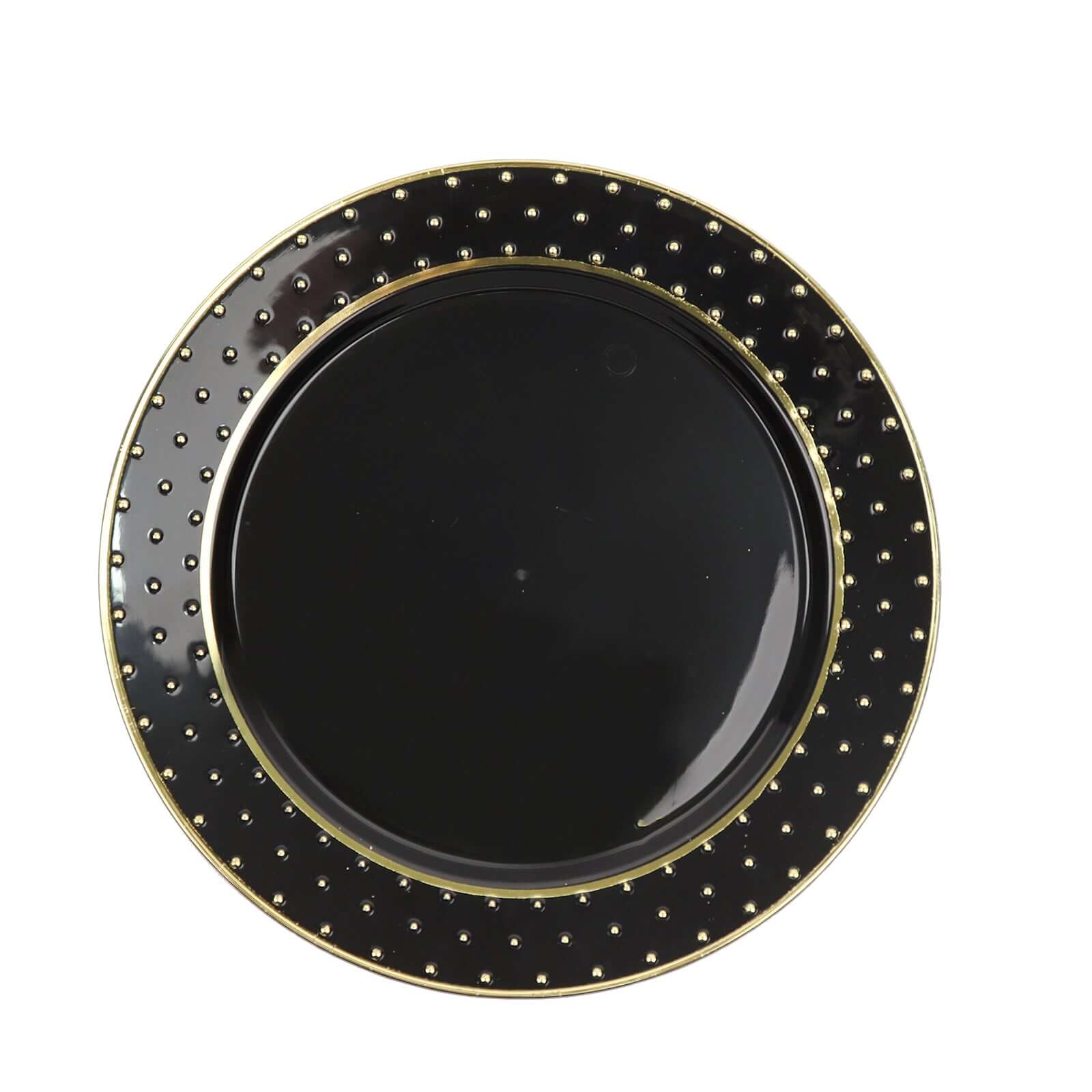 10-Pack Plastic 10" Round Dinner Plates in Black with Gold 3D Polka Dotted Rim - Sturdy Disposable Party Plates for Modern Themed Events & Banquets
