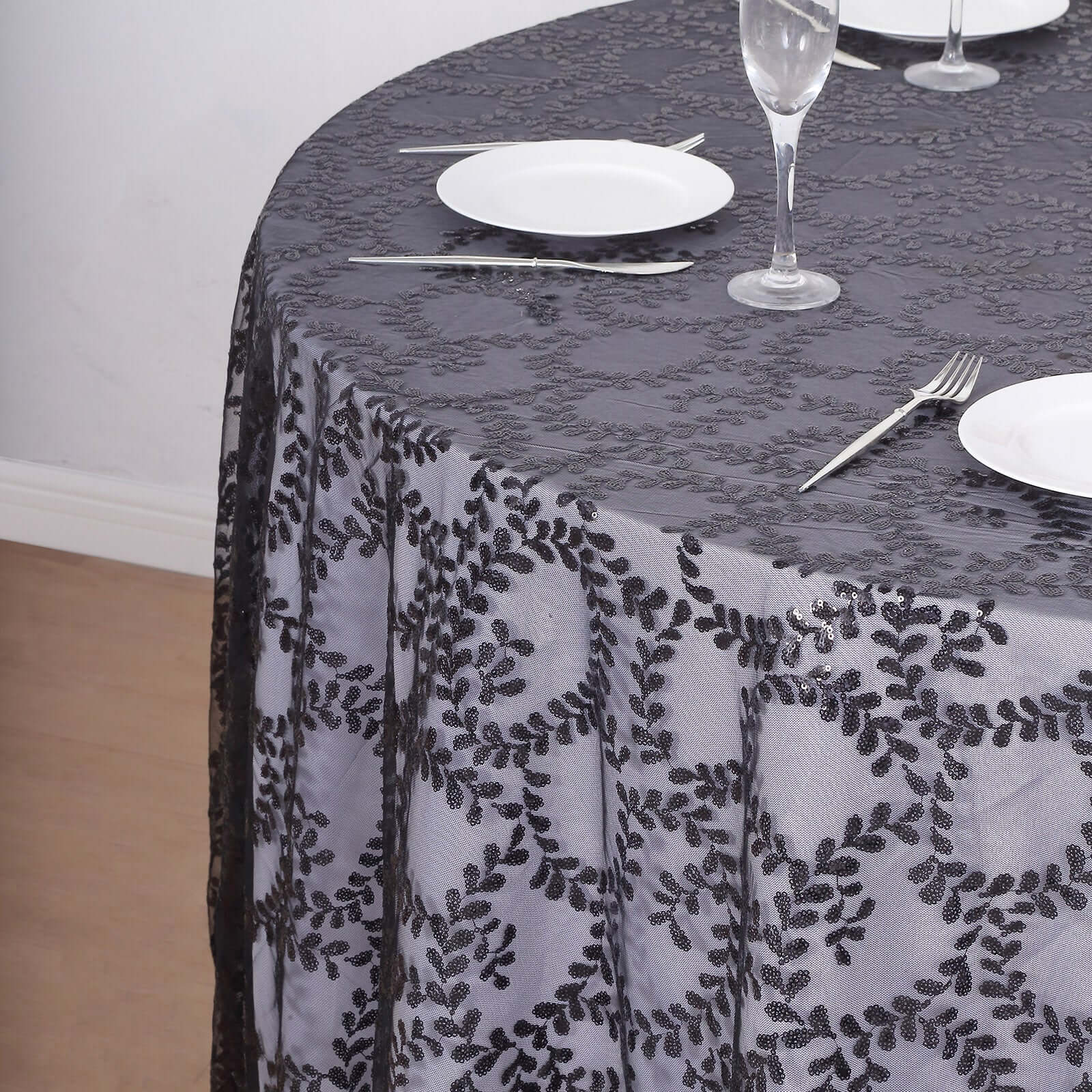 Tulle 120" Round Tablecloth Black - Seamless Sequin Leaf Embroidered Table Cover
