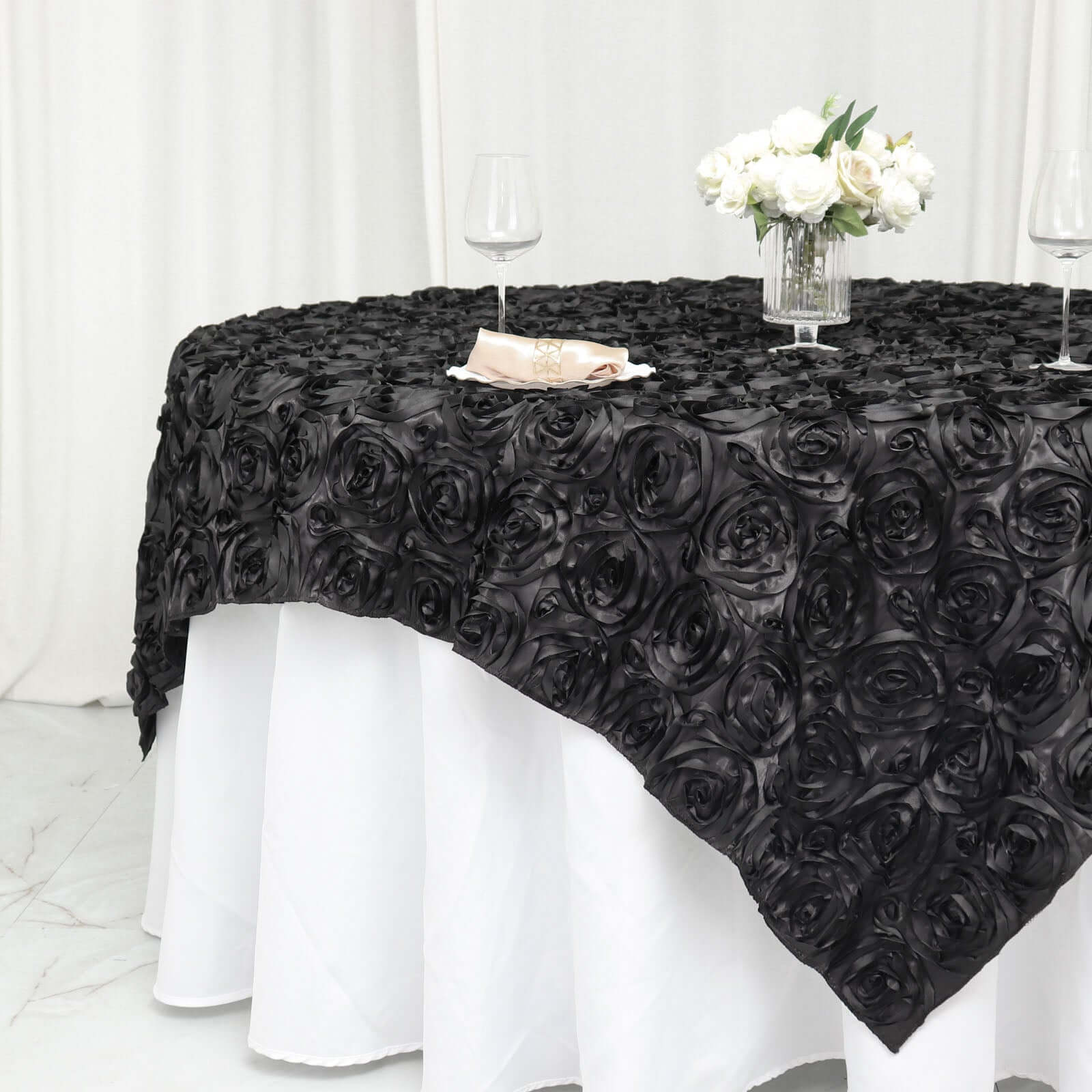 Satin 72"x72" Table Overlay Square Tablecloth Black - 3D Rosette Design for Stylish Occasions