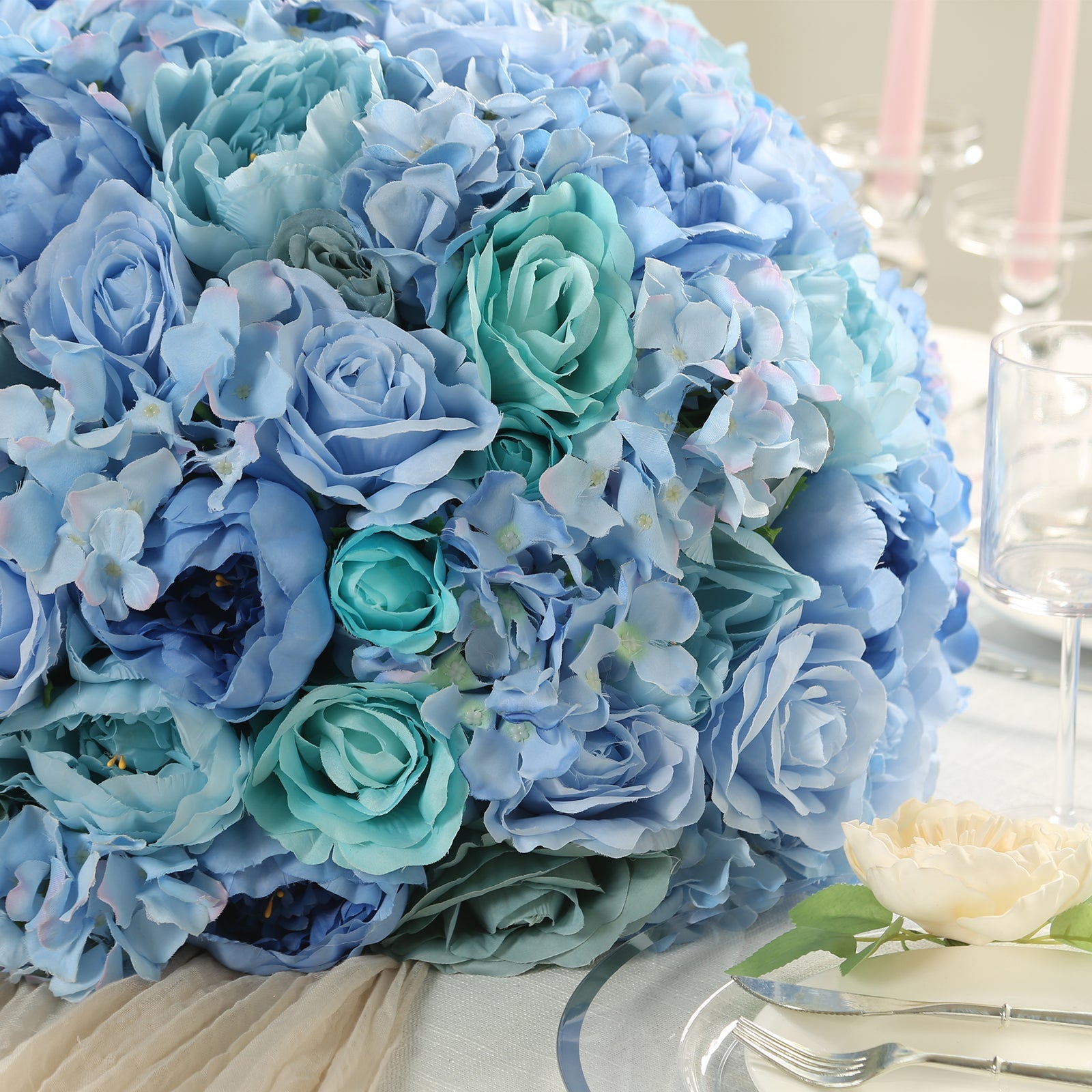 Pre-Arranged Silk Rose Wedding Centerpiece, Blue Artificial Rose Flower Balls Arrangement Table Decor - 20"
