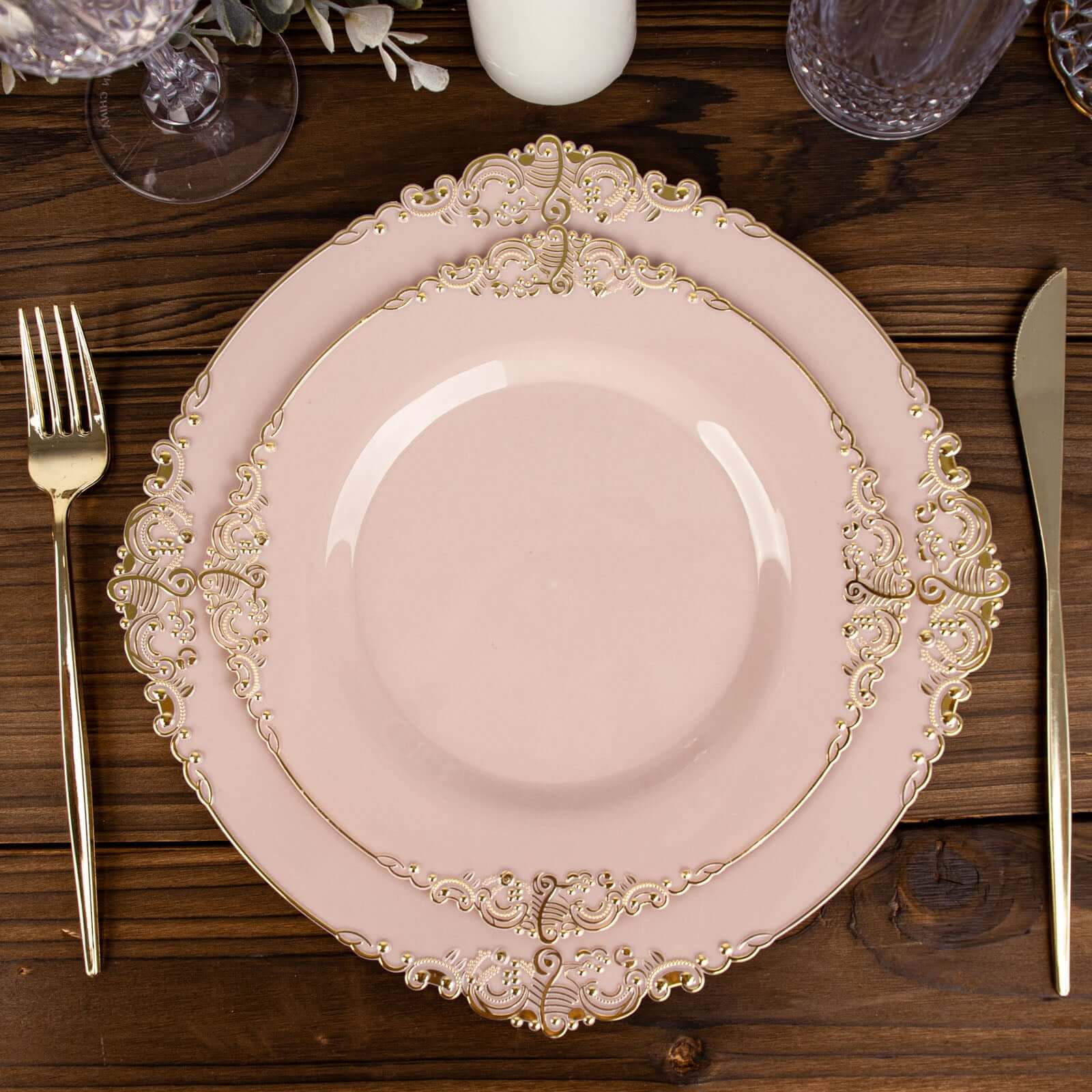 10-Pack Plastic 8" Round Dessert Plates in Blush with Gold Leaf Embossed Rim - Disposable Vintage Baroque Style Salad Plates