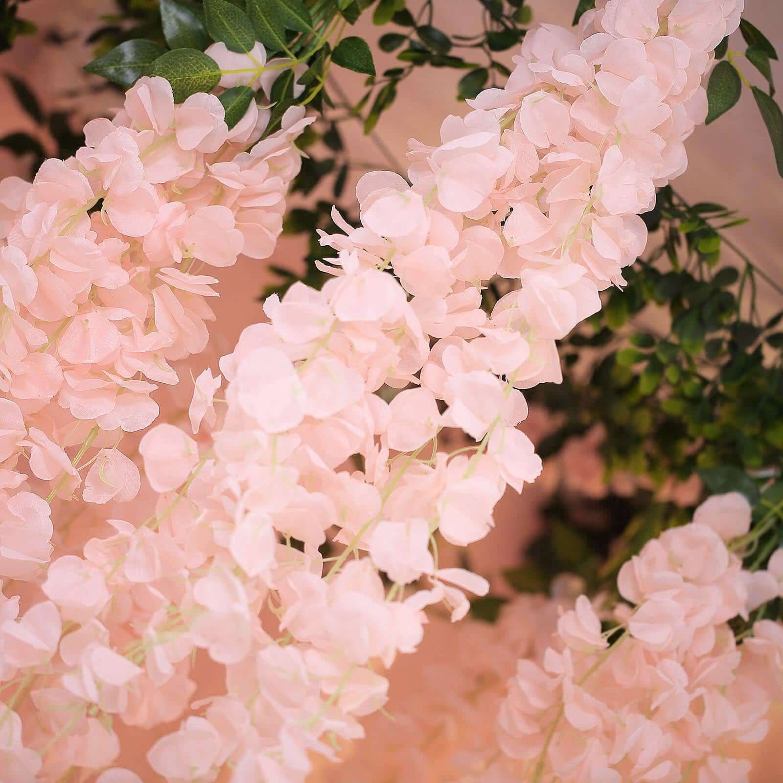42" Silk Hanging Wisteria Flower Garland Vines in Blush, Elaborated 5 Full Strands in 1 Bush
